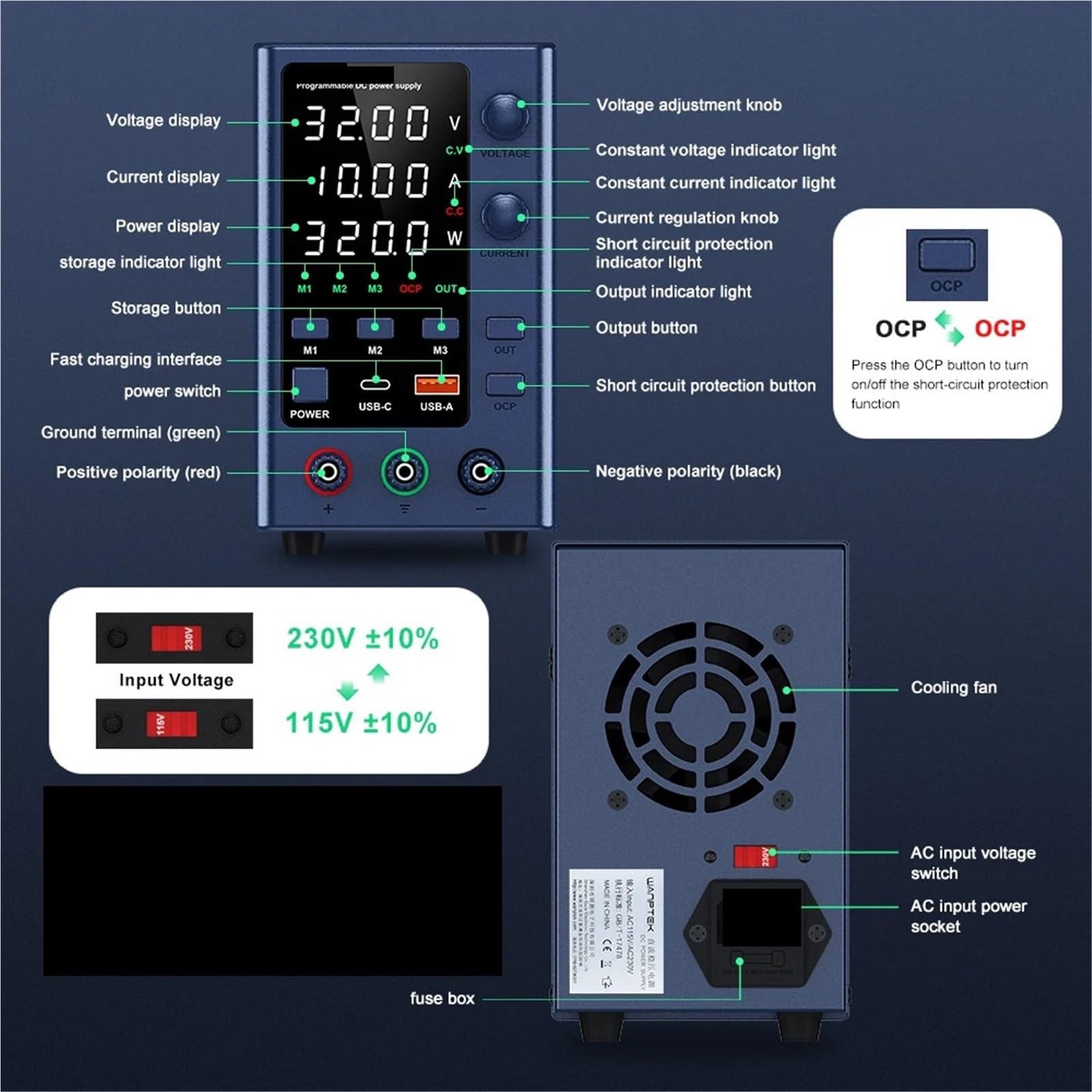 Alimentatore da Banco, Alimentatore da laboratorio regolabile con alimentazione CC e ricarica rapida USB. Alimentatori banco(GA305(0-30V/0-5A))