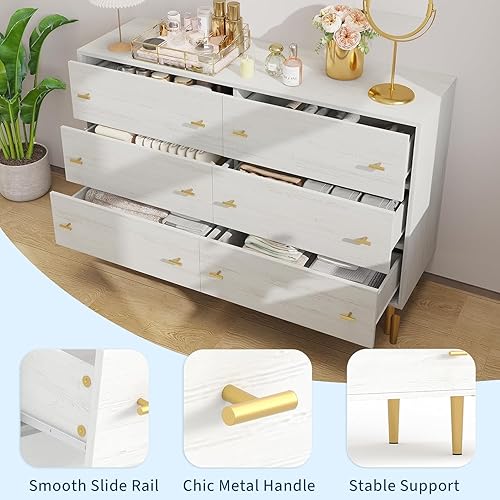 Miniatura 6 de Farmhouse 6 Drawers Dresser for Bedroom, 47.2 in Wide White Dresser Wood Rustic Chest of Drawers with Large Drawers & Bar Handles,Natural