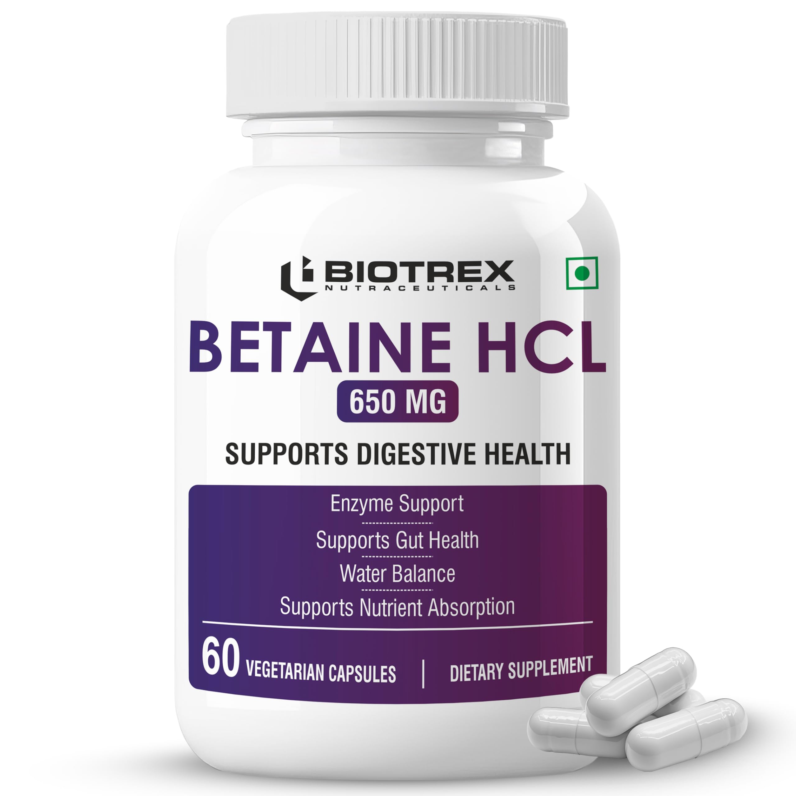 Biotrex Nutraceuticals Betaine HCL 650mg with Pepsin | Enzyme Support | Gut Health | Water Balance | Supports Nutrient Absorption & Reduces Fat | 60 Veg Capsules-image-29
