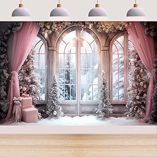 Pink Curtain Winter Xmas Photo Background Christmas Winter Snow Forest Window Photography Background Family Holiday Party Decorations Baby Shower 1st Birthday Backdrop,7X5FT