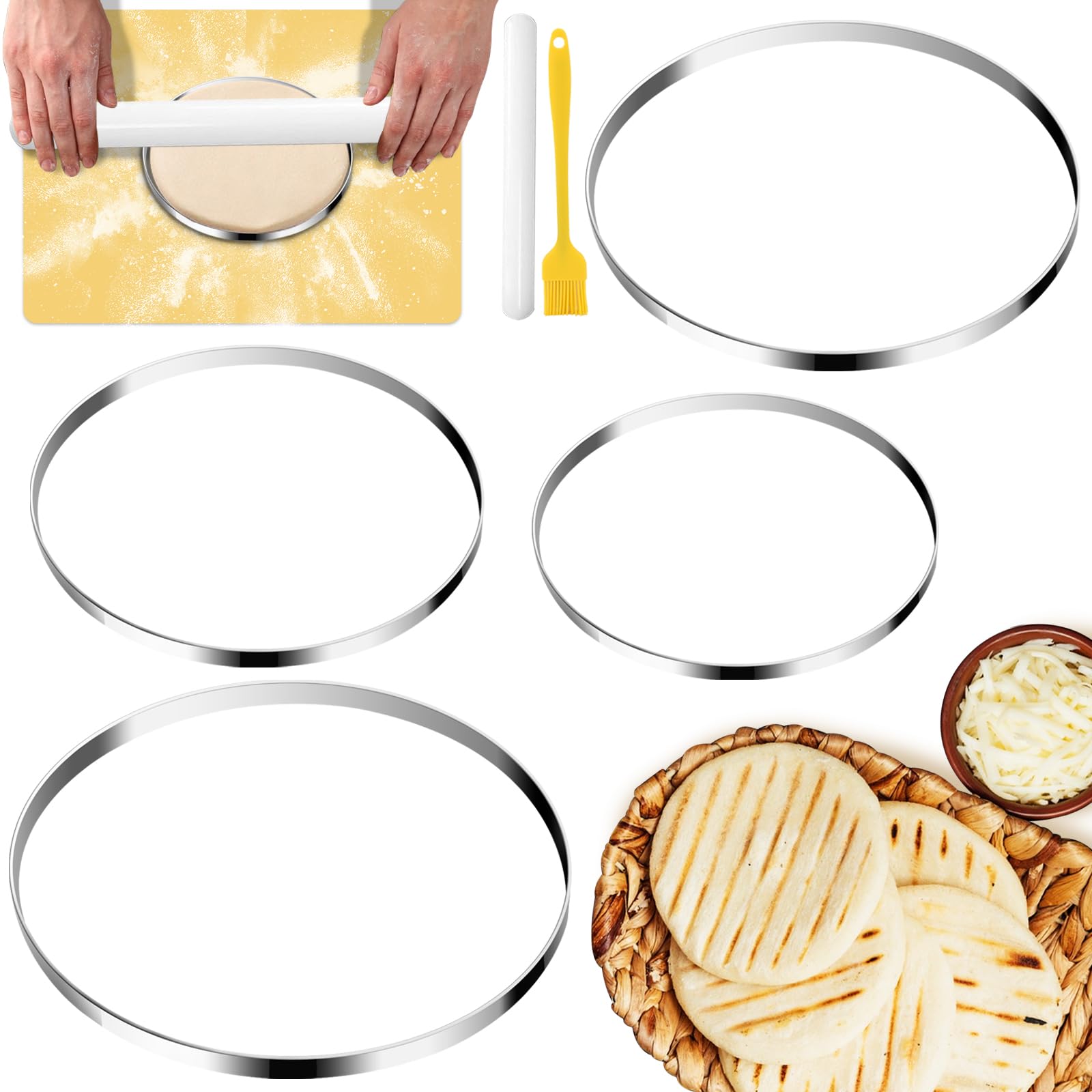 Stainless Steel Molde para Arepas, 4 Size(4.7", 5.1", 5.9", 6.7") Tortilla Press for Colombian & Venezuelan Arepa, Tortillas with Rolling Pin, Silicone Mat, Silicone Brush-image-43
