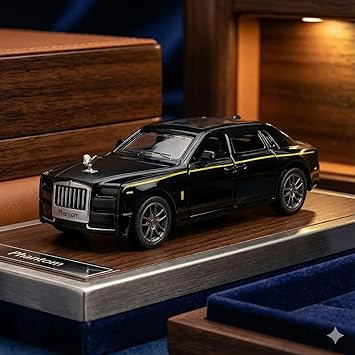 Rolls Royce Phantom Die Cast Metal Pull Back Car, 1:36 Scale, with Openable Door and Hood, Light and Sound Features