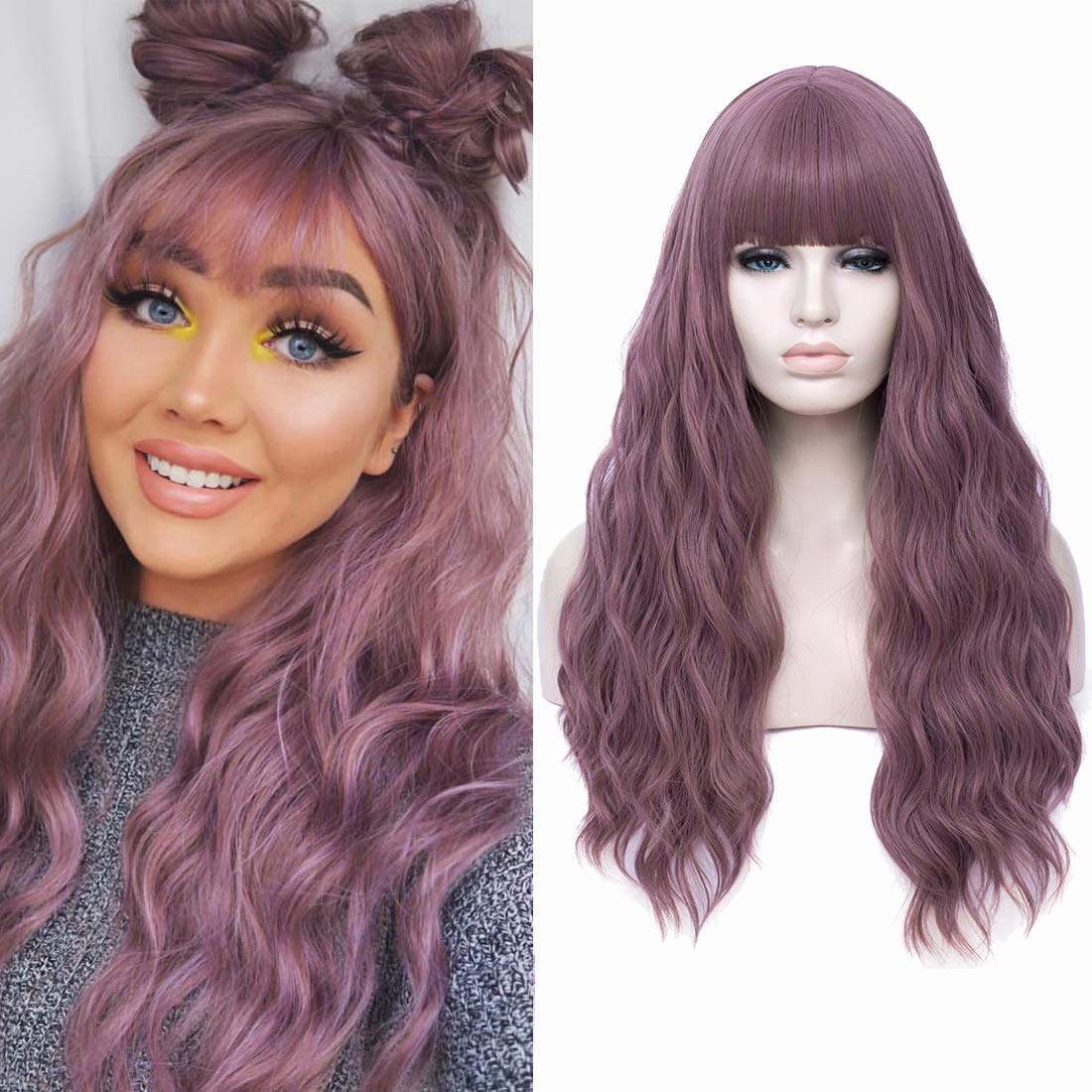 Long Wavy Wig With Air Bangs Heat Resistant Synthetic Wigs
