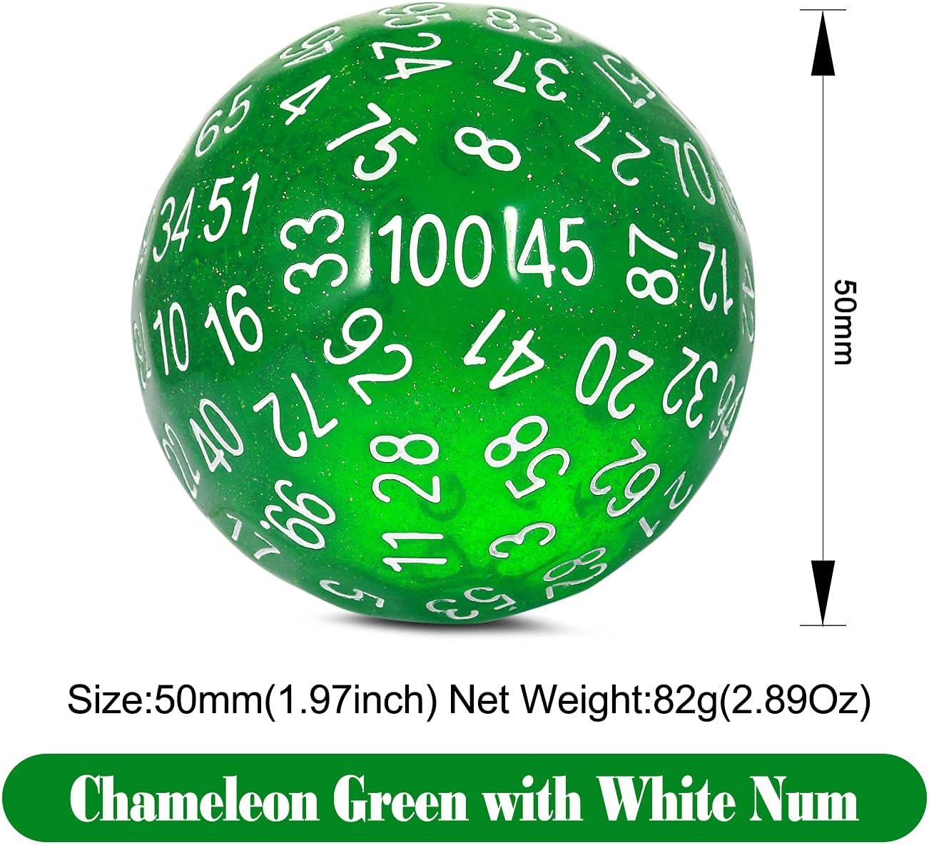 DNDND D100 Die Glitter Green 100 Sided Dice Set with Translucent Pouch for Dungeons and Dragons(Chameleon Green with White Number)