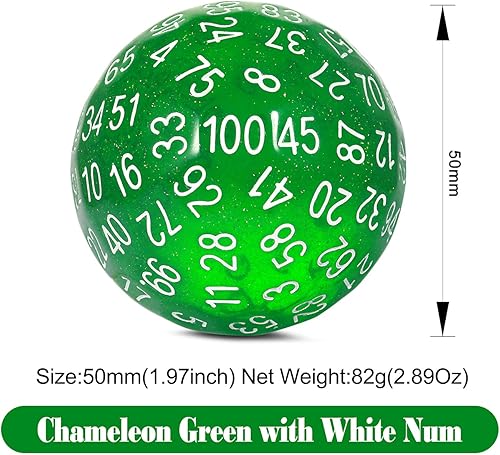 Miniatura 2 de DNDND D100 Die - Juego de dados de 100 caras con bolsa translúcida para Calabozos y Dragones (verde camaleón con número blanco)