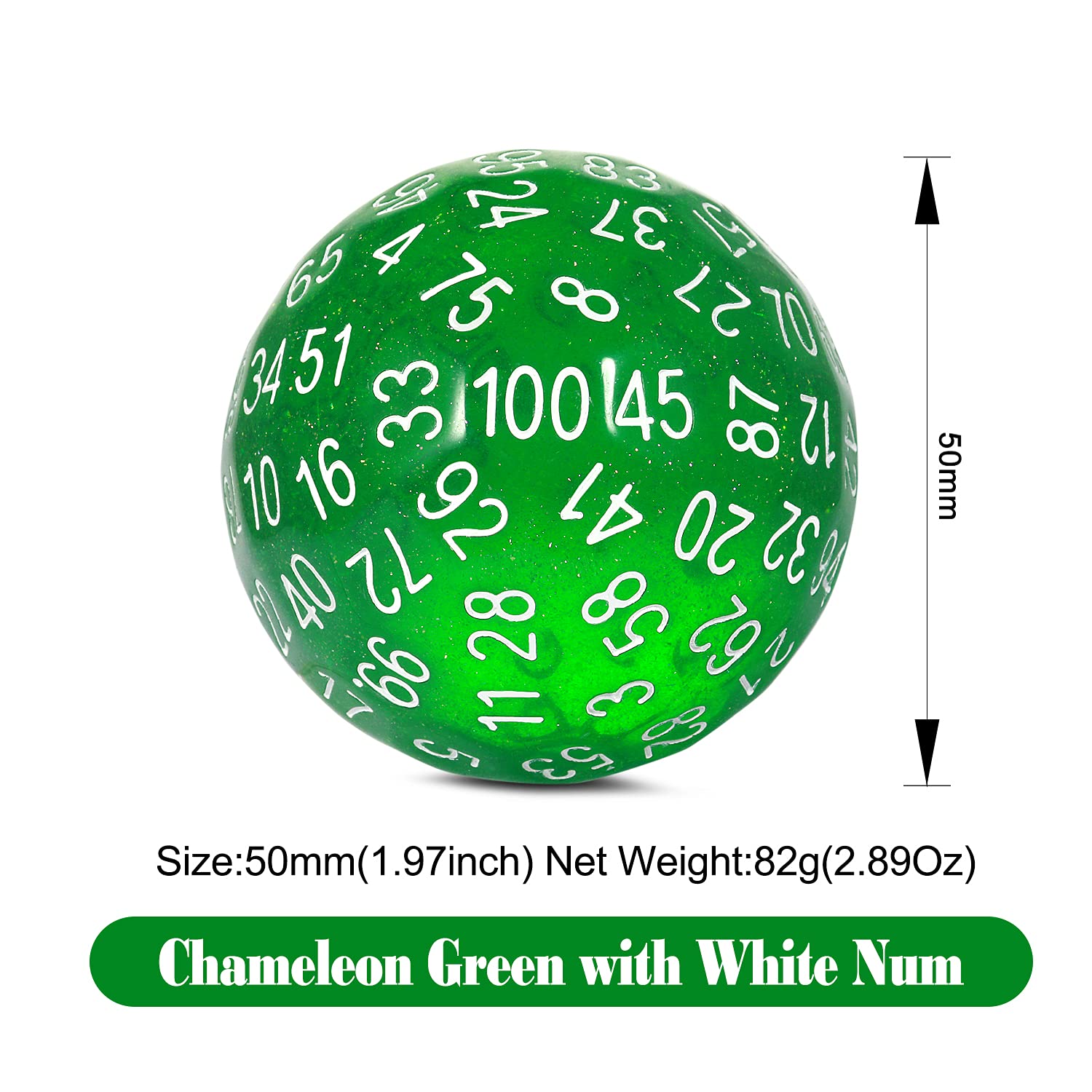 DNDND D100 - Juego de dados de 100 caras con purpurina verde con bolsa translúcida para Calabozos y Dragones (verde camaleón con número blanco)