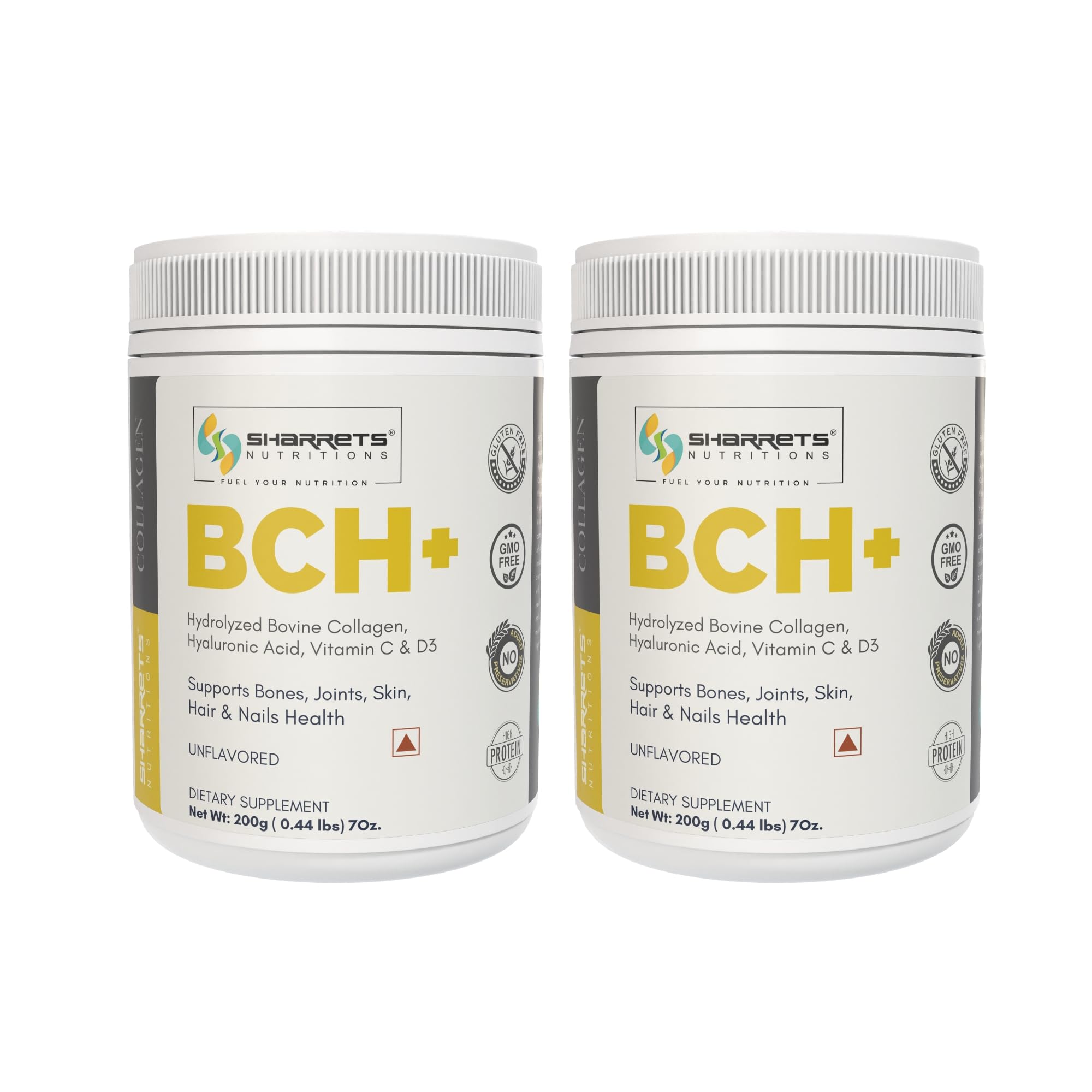 Sharrets BCH+ 200g x 2, Unflavored : Bovine Collagen Powder Supplements with Hyaluronic Acid, Vitamin C & D, for Health and Wellness.
