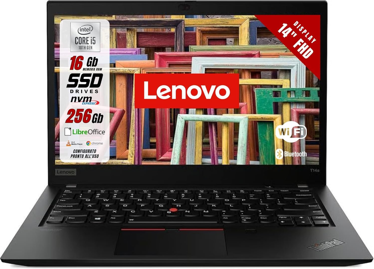 Lenovo, Pc portatile Intel Core i5-10Gen Pronto All'Uso con Pacchetto libre office, Notebook Full HD da 14", Ram 16Gb, SSD 256Gb, Garanzia Italiana (Ricondizionato)