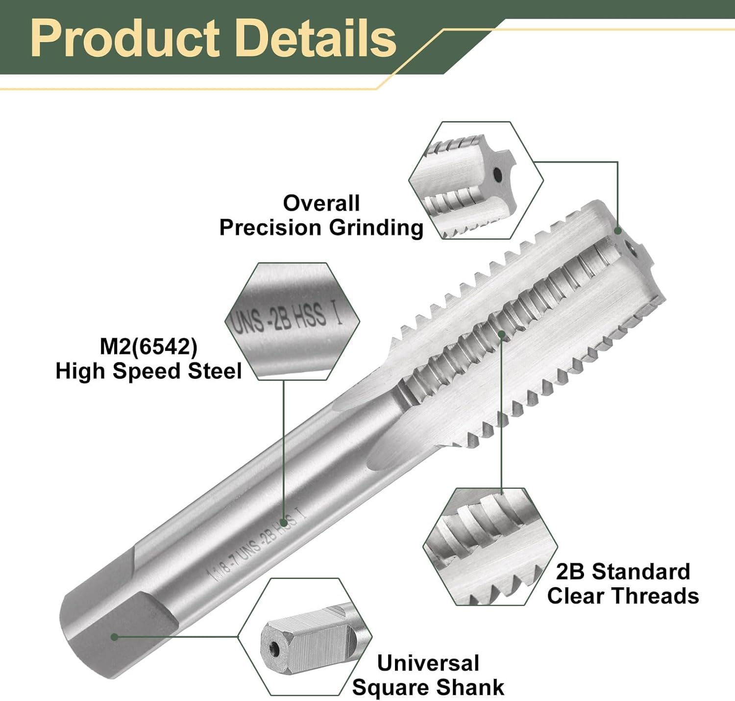 uxcell Hand Taper Tap 1-1/8-7 UNC 2B Thread Taper Style Taps Straight Flute Screw Tapping Threading Tool High Speed Steel HSS6542