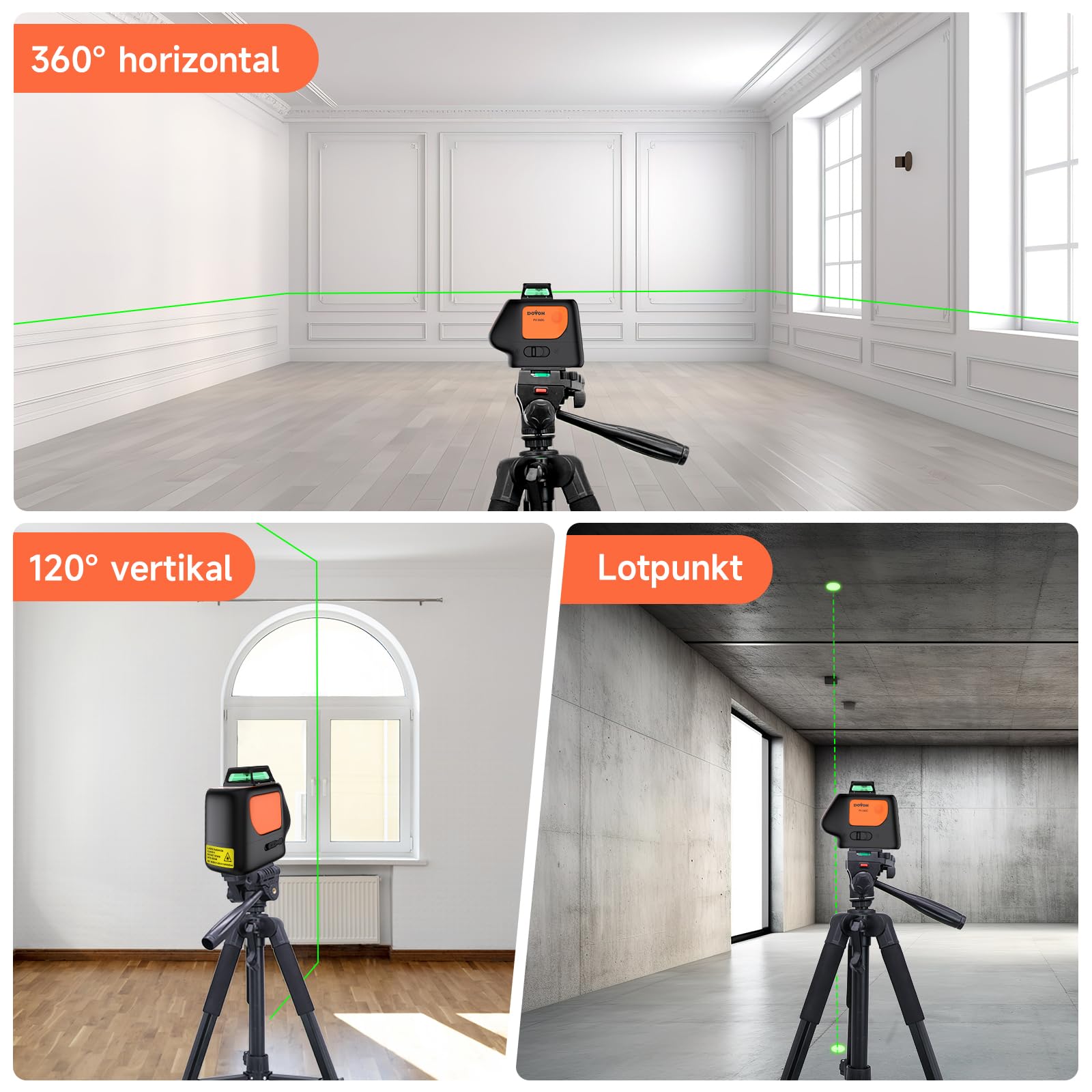 Kreuzlinienlaser mit 2 Lotpunkten, DOVOH Laser mit Stativ PV-360G-KIT