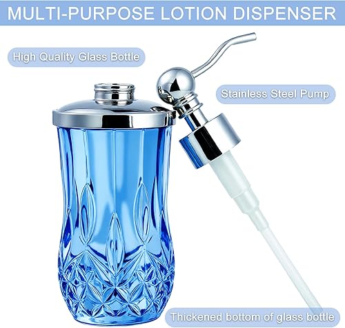 Miniatura 3 de Dispensador de jabón de vidrio azul con patrón de rejilla de diamante de 9 onzas con bomba de acero inoxidable a prueba de óxido, dispensador de
