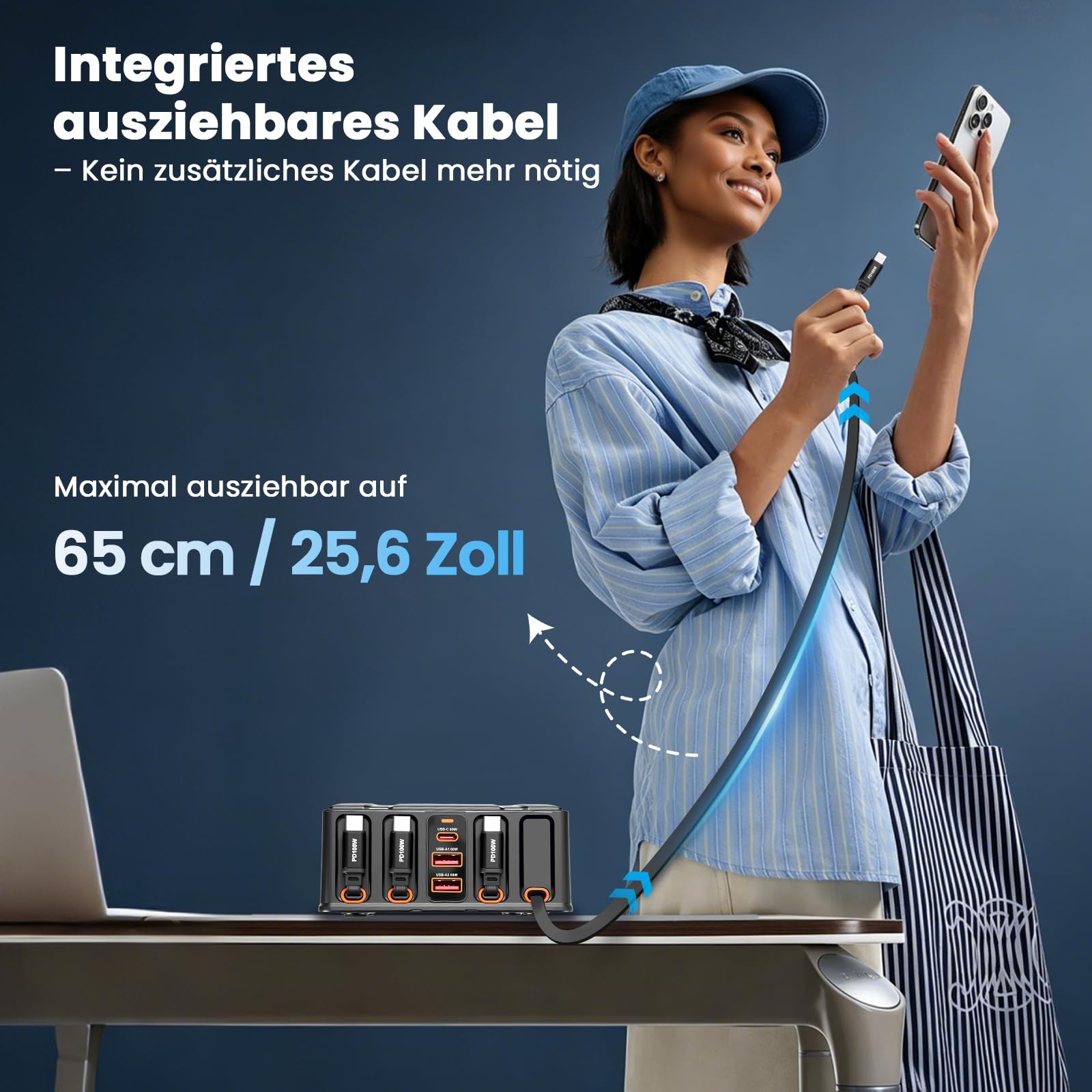 Caricatore USB C 7 in 1 e 550 W, 4 cavi retrattili USB-C da 100 W + caricatore rapido per laptop a 3 porte, alimentatore multiplo GaN, caricatore PD compatibile con MacBook, iPhone 17/16/15, Galaxy