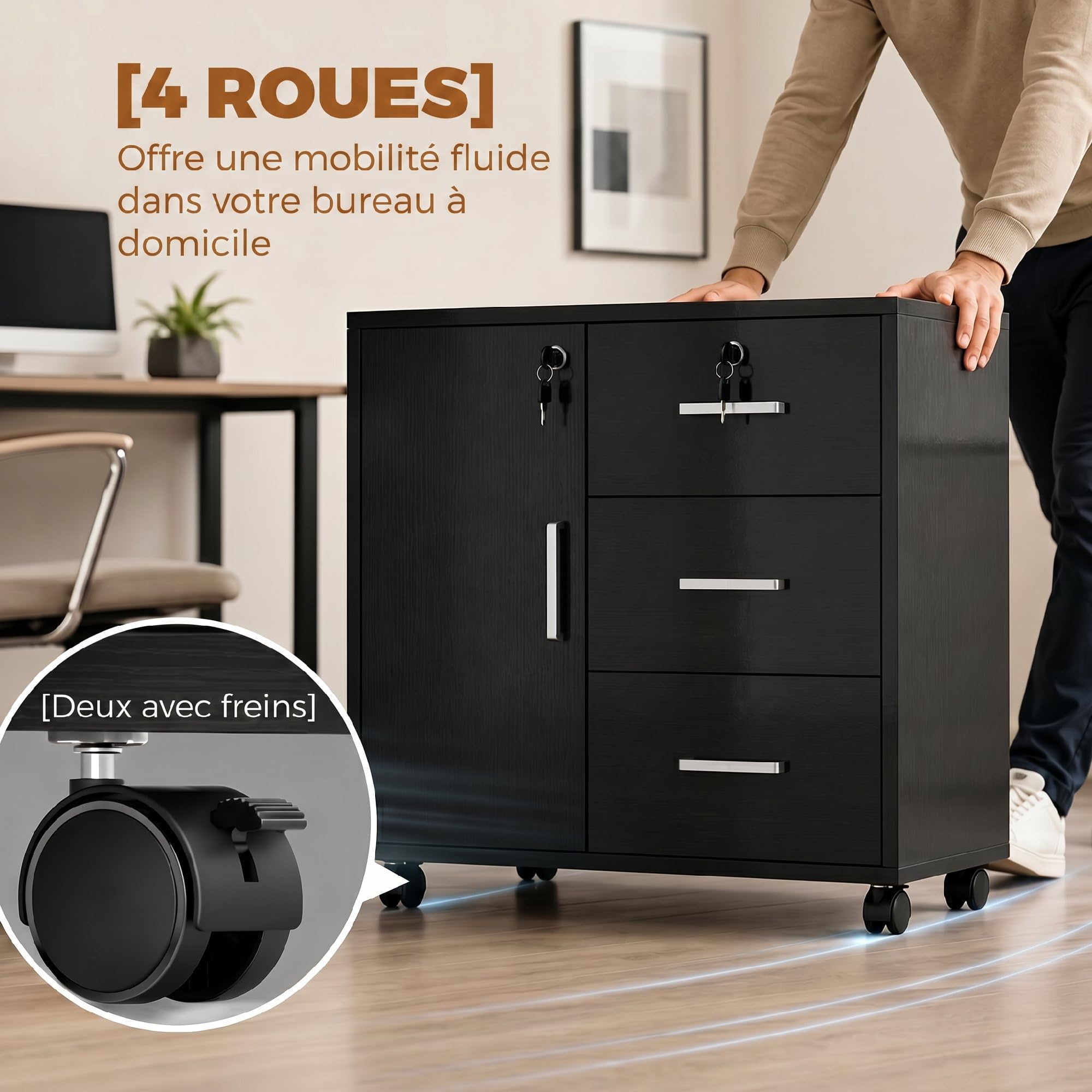 HOMCOM Cassettiera da scrivania con 3 cassetti, 40 x 60 x 56 cm, colore: Nero | Armadietto portaoggetti regolabile per ufficio, ruote