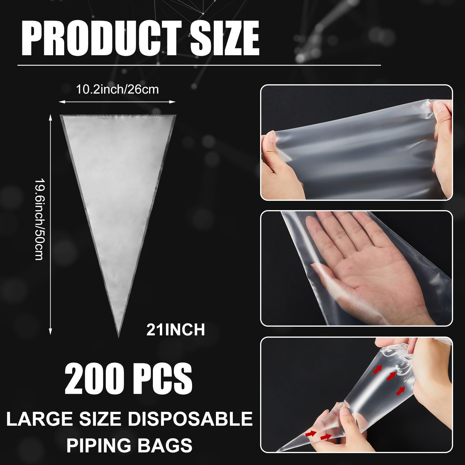Bokon 200 Pcs 21 Inch Extra Large Piping Bags Disposable Icing Pastry Bags Thicken Anti Burst and Non Slip for Cake Decorating Cream Frosting Cookie Chocolate Baking Supplies, Clear