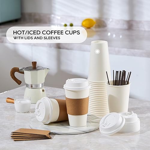 Vista 21 de [Paquete de 100] Tazas de café de papel de 12 onzas, taza de café de papel desechable con tapas, mangas y agitadores, taza para bebidas Paquete