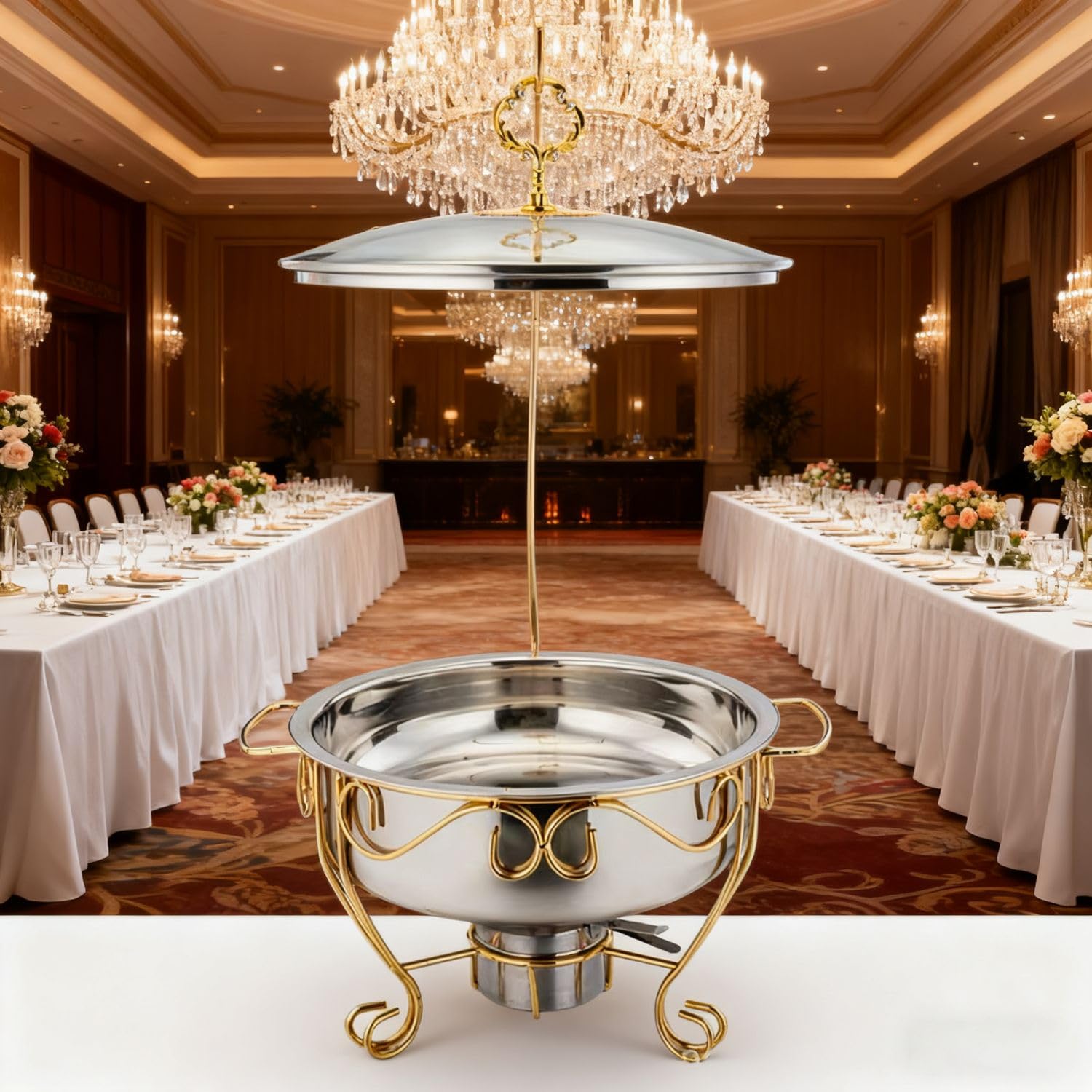 Scaldavivande rotondo in acciaio inox con coperchio sospeso e clip per sala da pranzo, eventi e catering