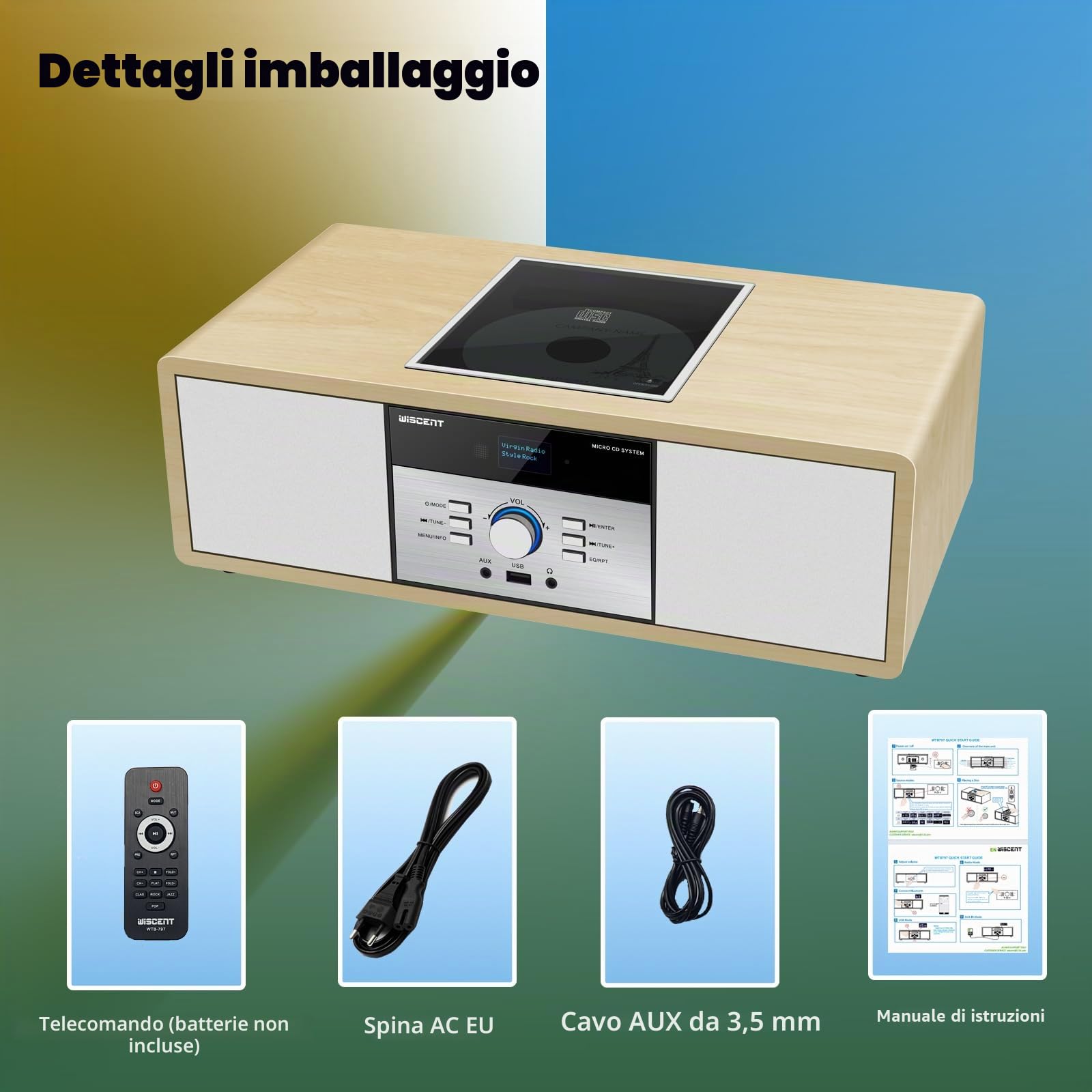 Impianto Stereo Casa Hi-Fi Radio DAB+ Lettore CD Bluetooth 5.0 FM USB 30W Design Retro Legno