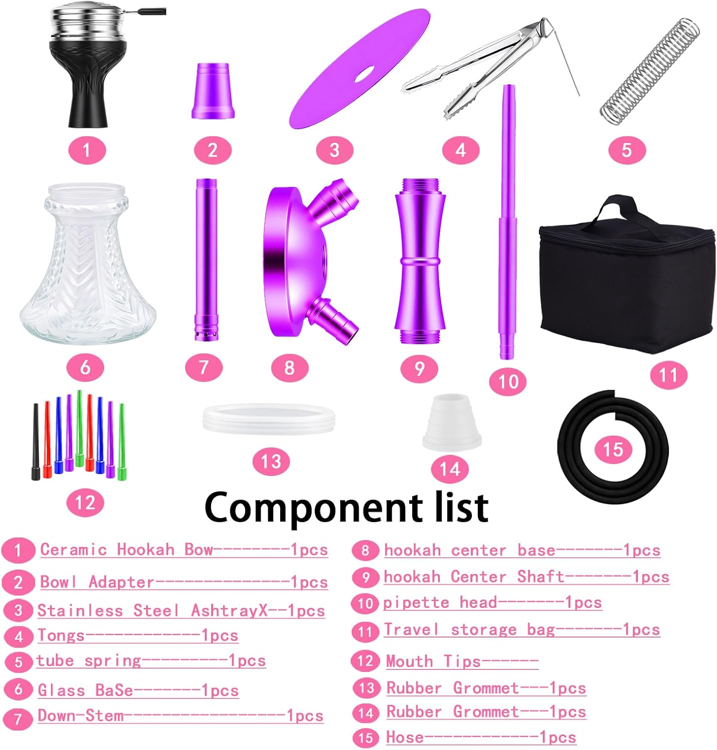 19.3" Premium Hookah Set - Portable Shisha Kit with Protective Carrying Case, Featuring Silicone Hose, Stainless Steel Bowl & Integrated Charcoal Tray (Purple)