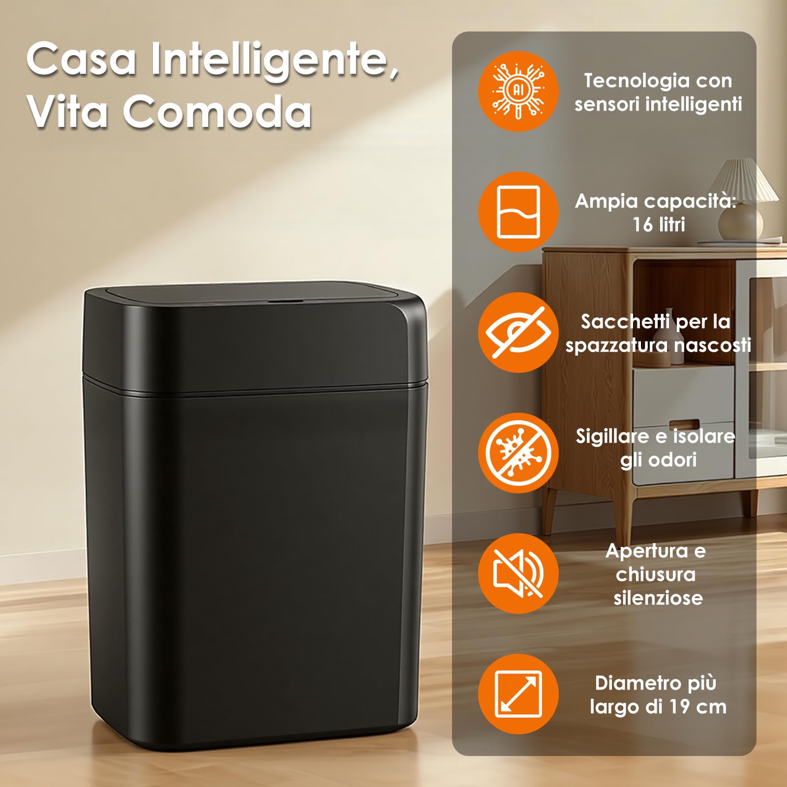 Pattumiera con sensore, 16 l, automatica, touchless, con sensore di mano e ginocchia, risposta rapida, silenziosa, facile da pulire, ideale per bagno, camera da letto, cucina, soggiorno (nero)