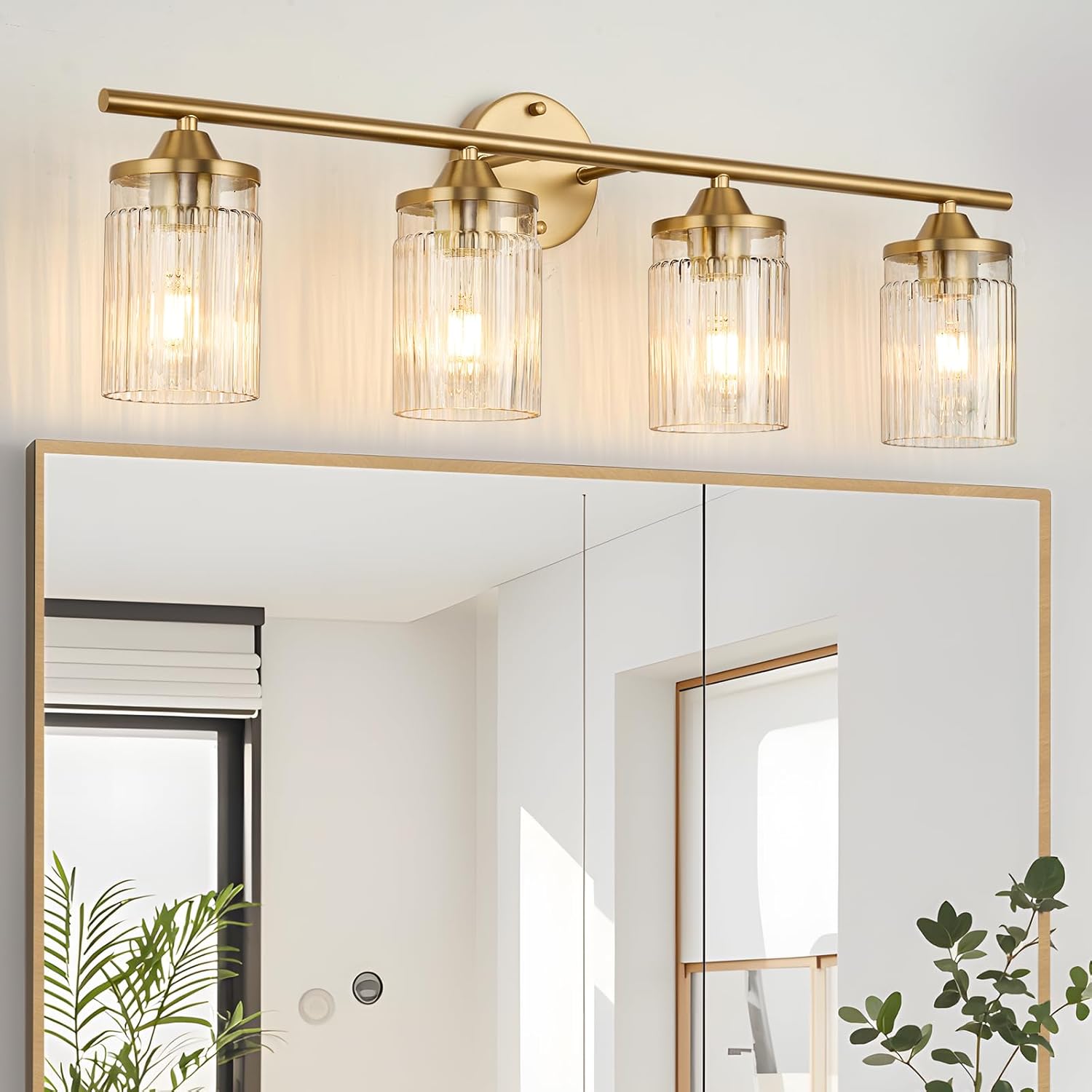 Jonsi Gold Bathroom Light Fixtures 4-Light Vanity Lights Modern Wall Sconce with Clear Glass Shade Brushed Brass Bathroom Light Fixture Over Mirror for Bedroom Hallway Kitchen