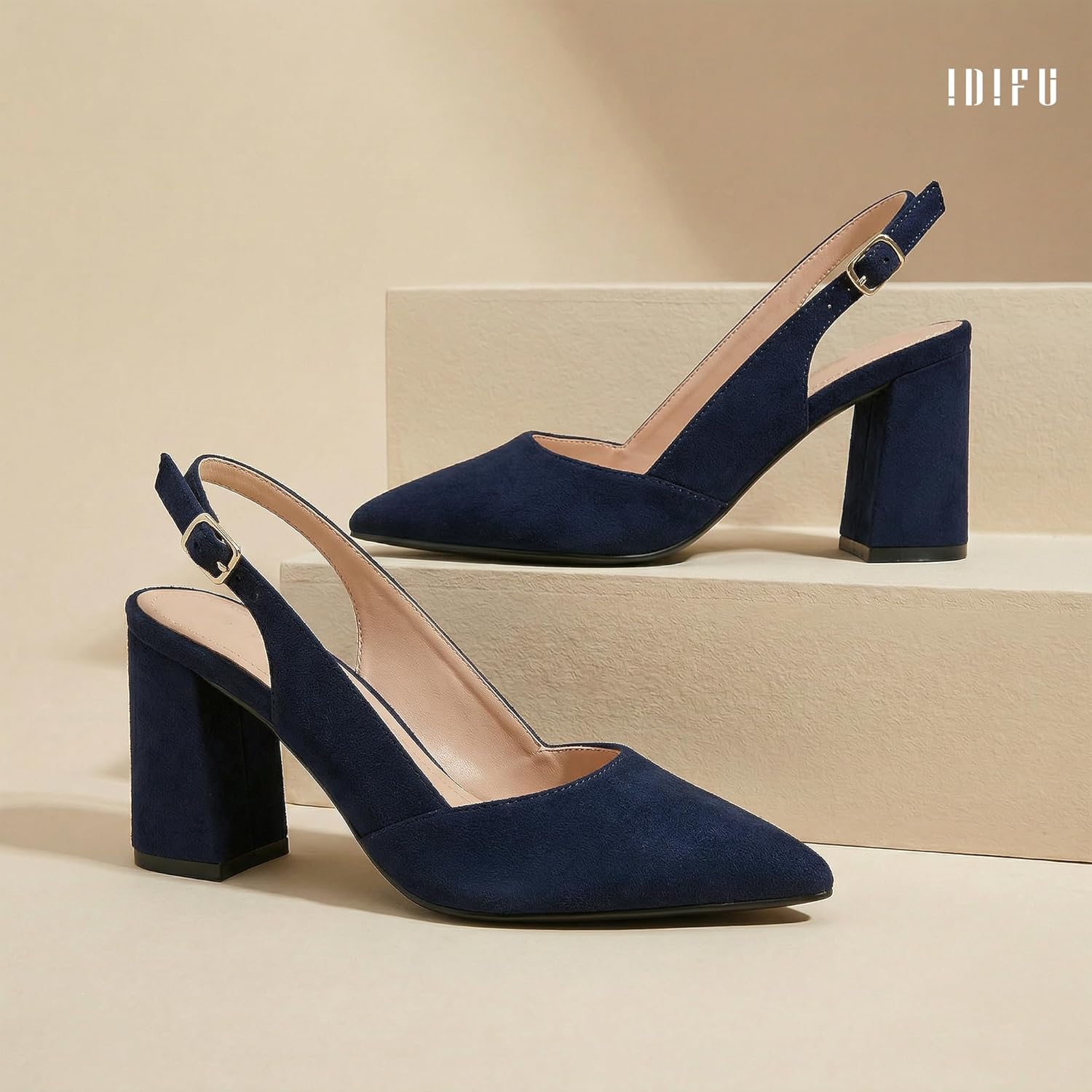 IDIFU IN3 Women's Slingback Heels Closed Pointed Toe Chunky Low Heel Dress Pumps Comfort Bridal Wedding Party Prom Work Office Business Pumps Shoes