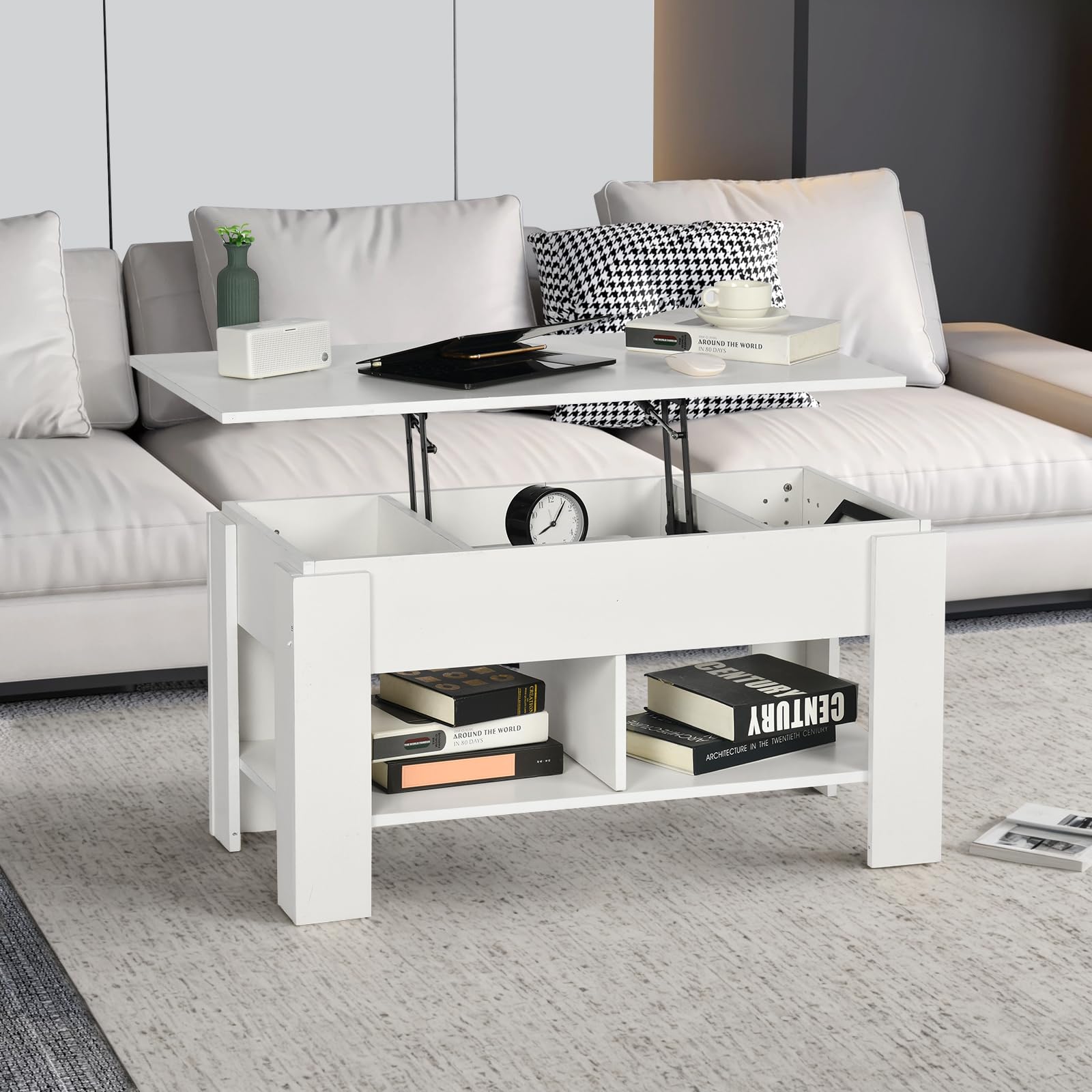 FurnitureR Tavolino da salotto con piano di sollevamento, tavolino regolabile in altezza, tavolino da salotto, tavolino da divano allungabile, con vano portaoggetti nascosto, in legno, tavolo