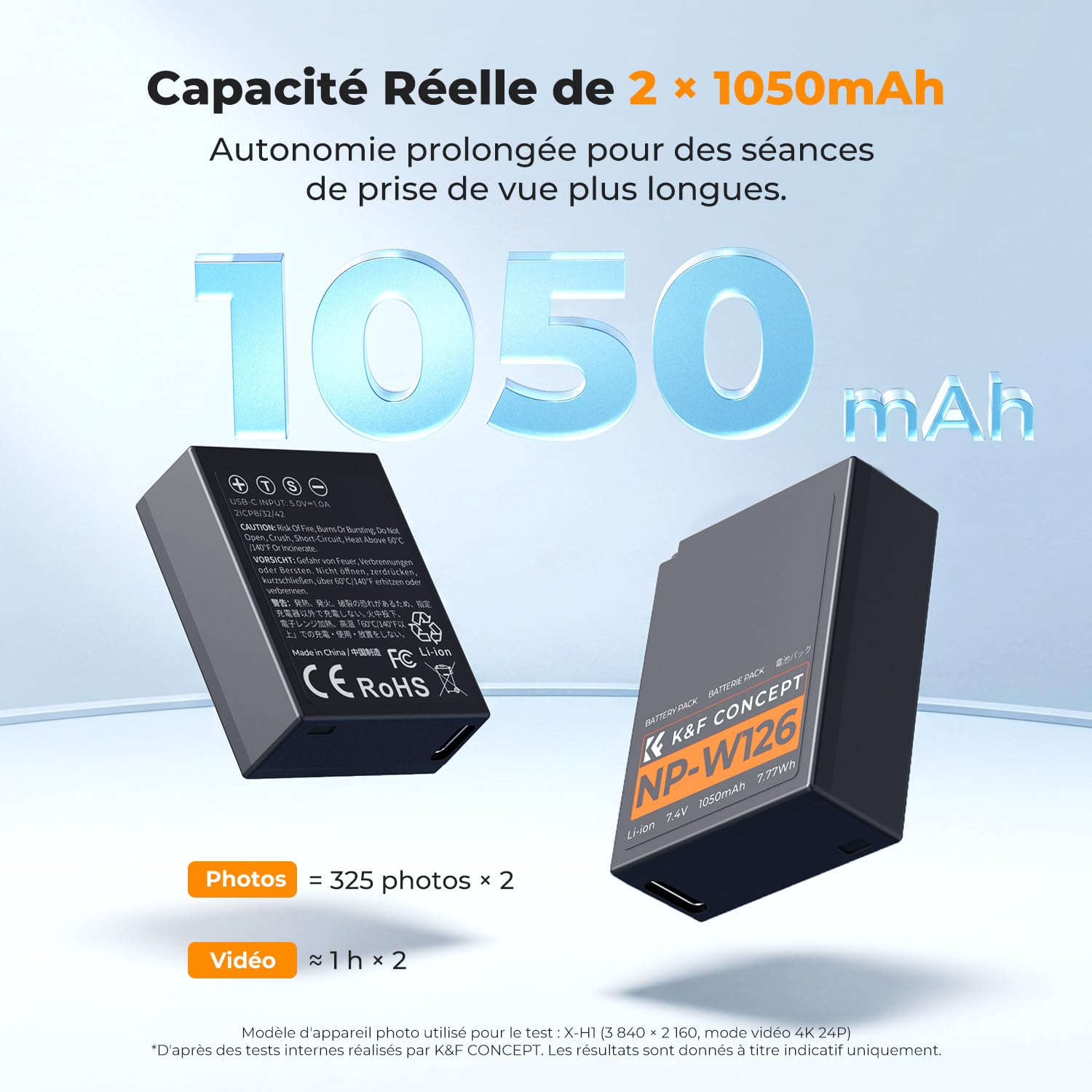 K&F CONCEPT 2 NP-W126S Batteries à Charge Directe avec Indicateur de Charge