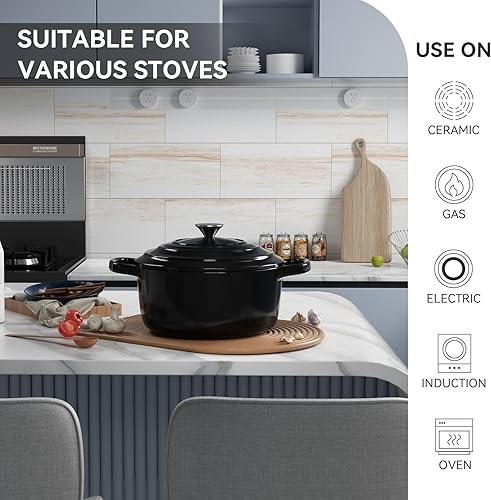 Miniatura 5 de Miereirl Olla Holandesa Esmaltada de 6 Cuartos con Tapa, Horno Holandés de Hierro Fundido con Asas Dobles para Hornear Pan, Cocinar, Utensilios de