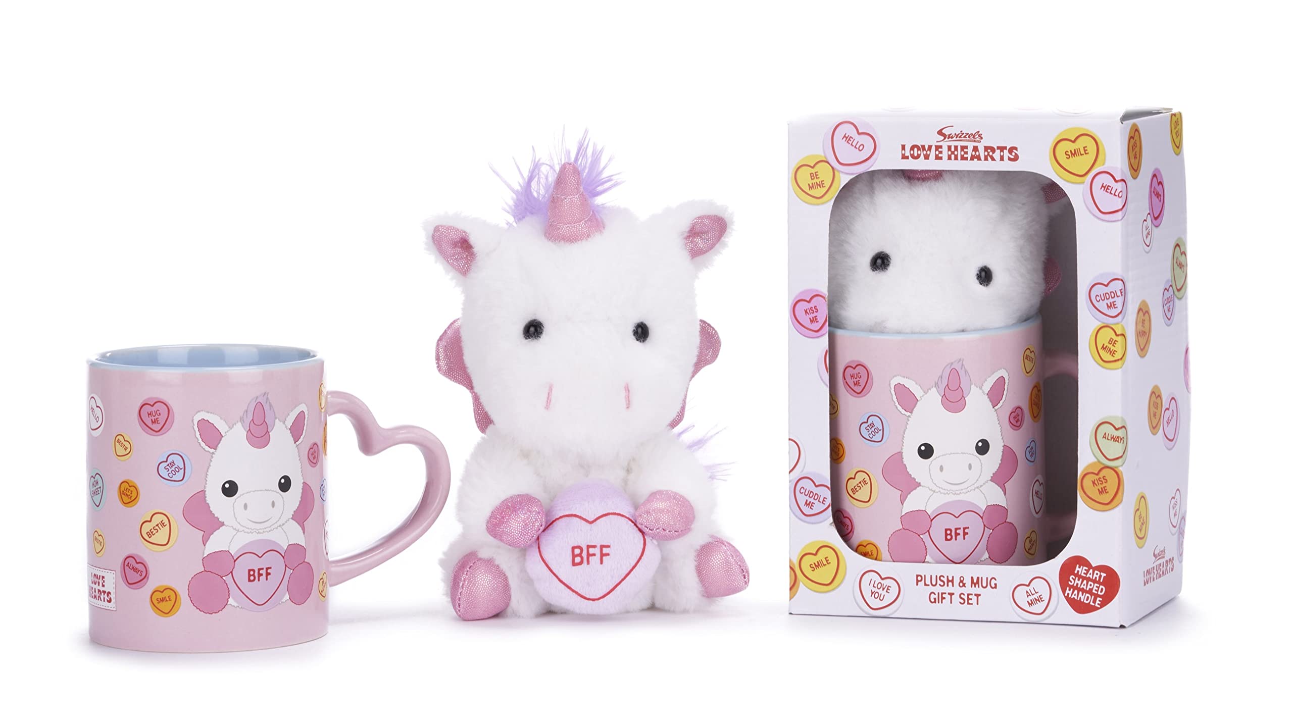 Posh Paws Pink Swizzels Love Hearts Sparkles The Unicorn 'Bff' 11Oz Mug & Plush Gift Set, 37740