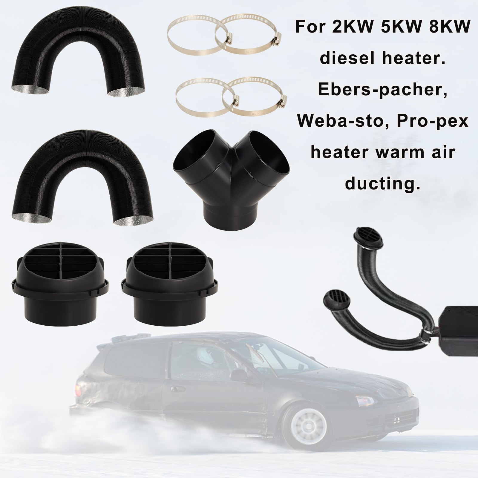 VEVOR Diesel Heater Ducting Kit - 75mm Warm Air Outlet Hose, Exhaust Pipe, Clamps & Tee Connector