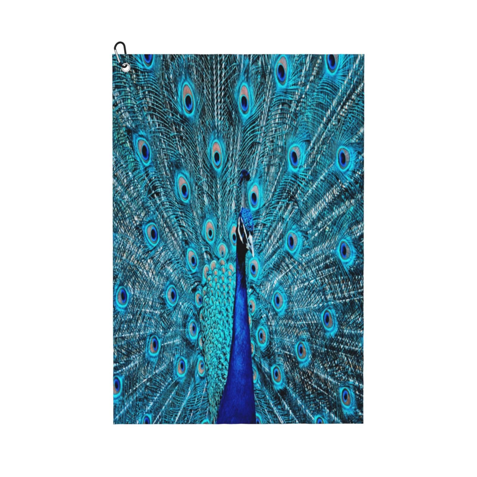 AOOEDM Beautiful Blue Peacock Print Golf Towel with Carabiner Clip Absorbent Microfiber Golf Towel for Cleaning Golf Ball Club Putter Iron for Golf Bag Trolly Belt Loop 16" X 24"