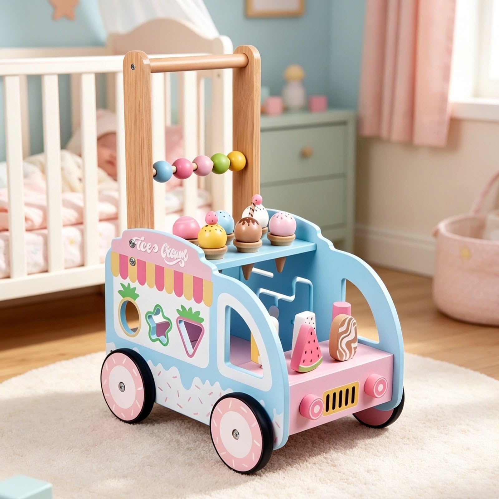 Carrello Gelato in Legno Multifunzione Carrello Primi Spostamenti in Legno Sicuro Giocattolo Educativo per Neonati, Asilo
