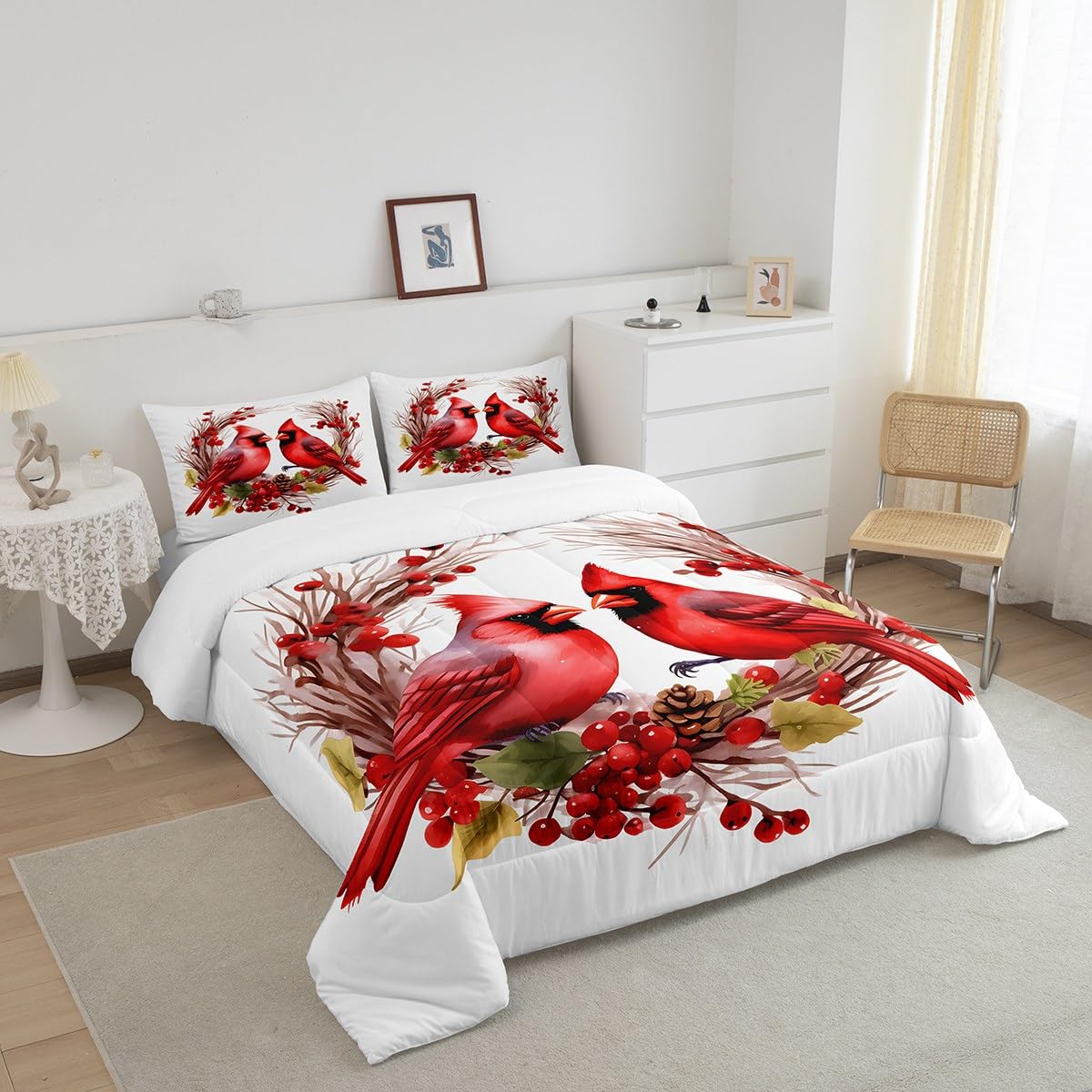 jejeloiu Red Cardinals Comforter Set King Size Kids Pine Cones Comforter for Boys Girls Teens Cute Birds Bedding Set Romantic Love Duvet Set Room Decorations Quilt Set