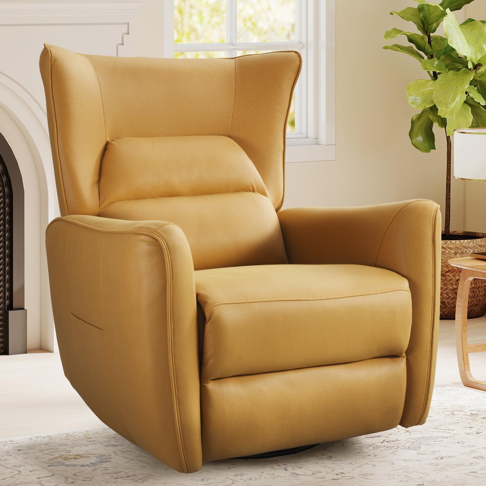 HAOMARKETS Electric Swivel Rocker Recliner Chair, Power Faux Leather Glider Rocking Recliners for Adults, 270° Swivel Nursery Reclining Sofa with USB Charging Port，Lemon Yellow