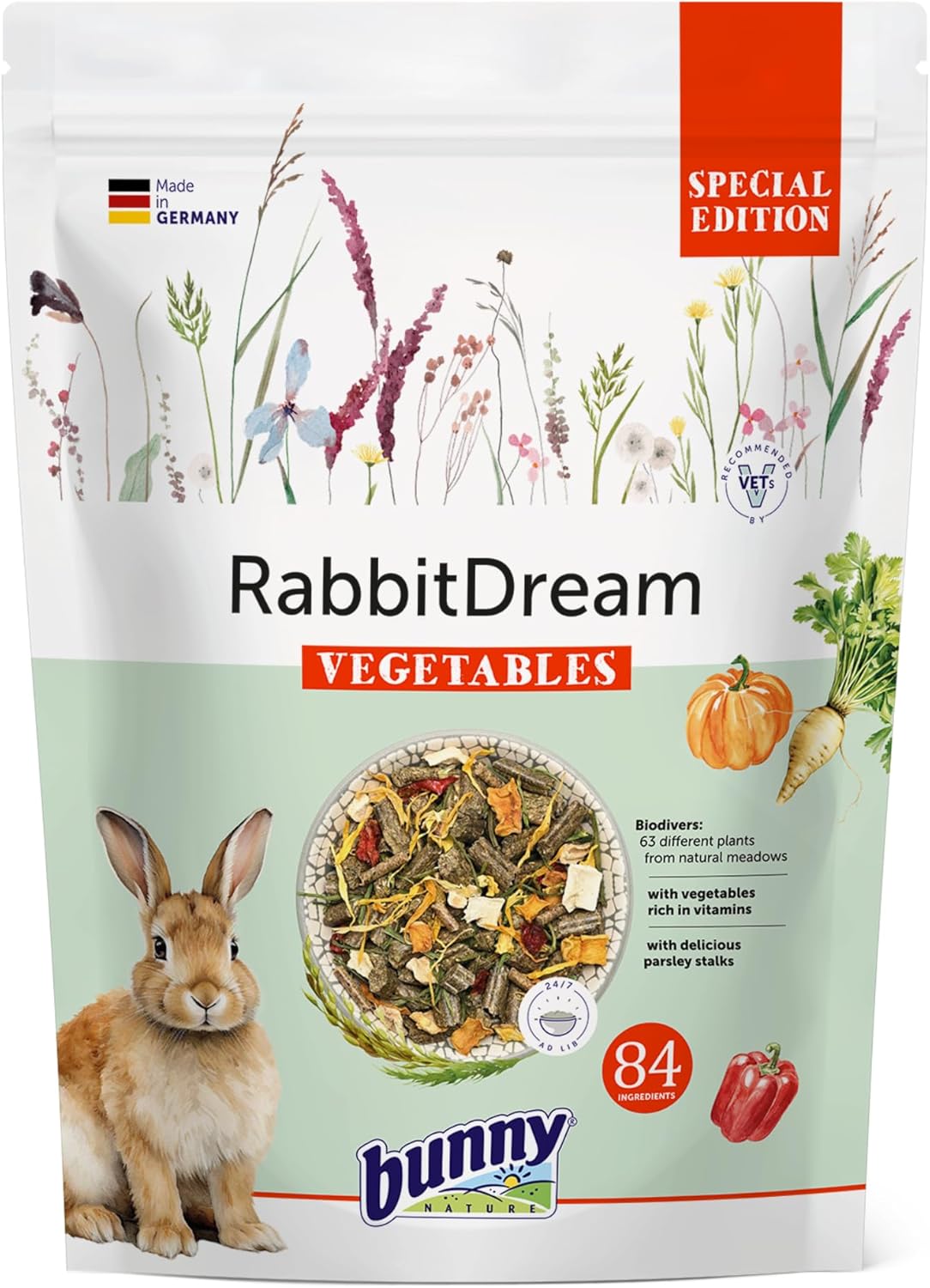 Bunny Nature RabbitDream Vegetables - Rabbit Food 63 Herbs & Veggies, Trimello Cold-Pressed, Supports Teeth & Digestion, No Additives - 3.3 lbs