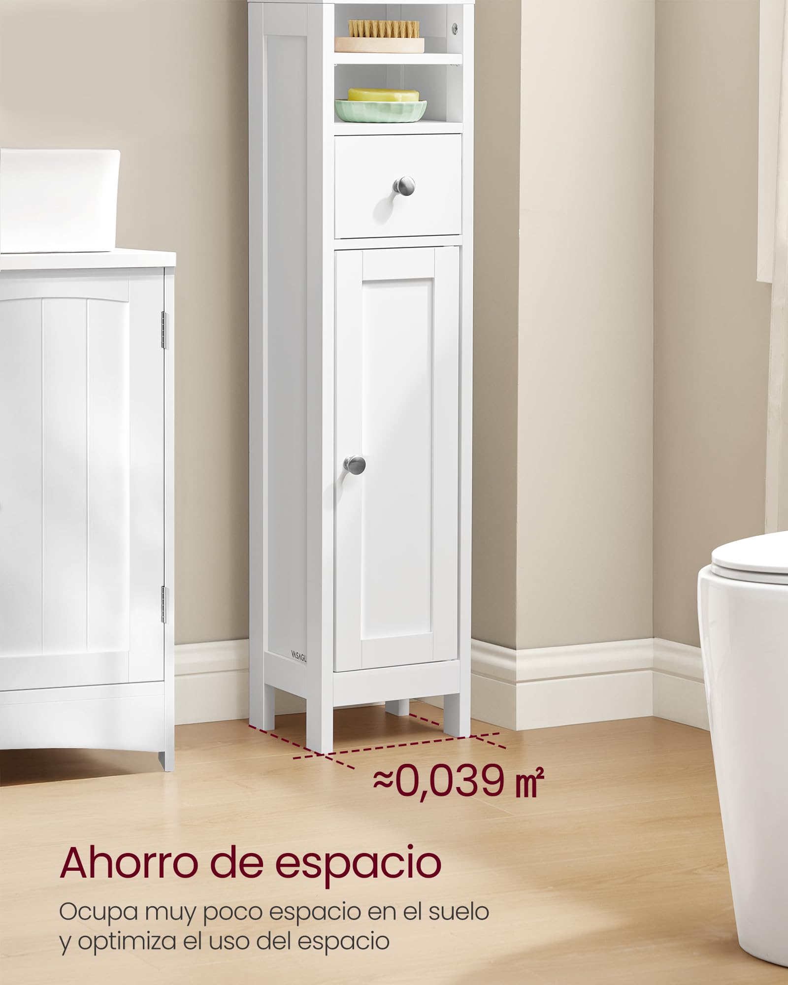 VASAGLE Armario Alto de Baño, con Estantes Ajustables, Cajón, Compartimentos Abiertos, para Espacios Pequeños, Moderno, Blanco Nube BBC765W01