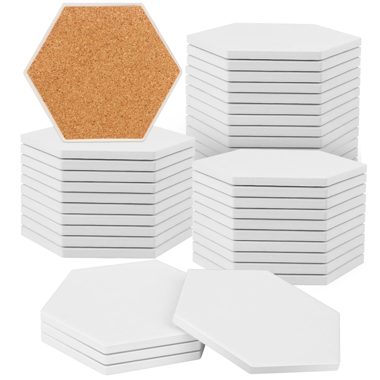 40 Pieces 3.75 Inch Hexagon Blank Ceramic Coasters, Unglazed Ceramic Tiles Coasters, Ceramic Tiles with Cork Backing Pads for Painting, DIY Crafts, Mosaics, White.by GNIEMCKIN