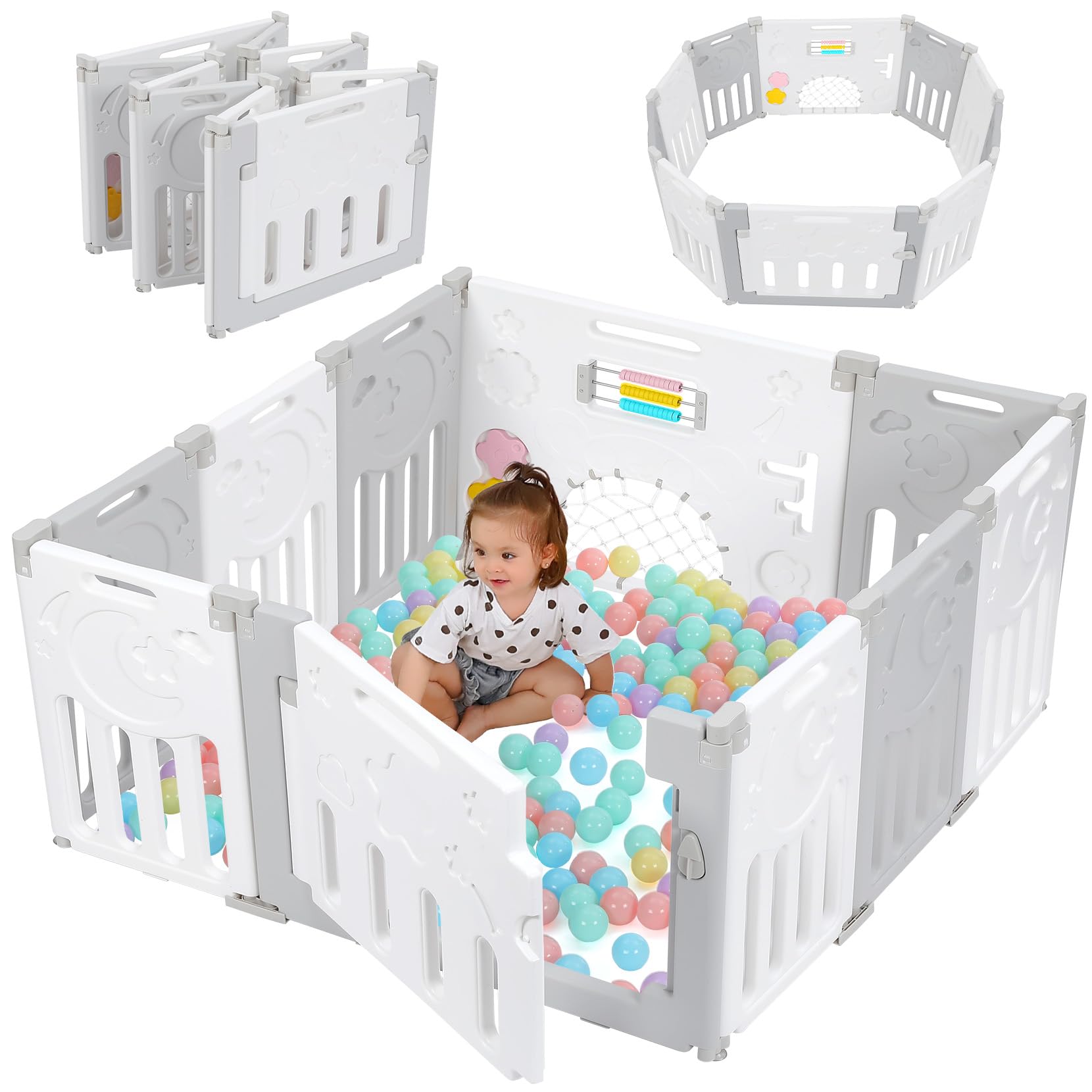 Dripex Laufstall Baby Faltbar, Großes Laufgitter Baby mit verstellbarer Form, Playpen & Laufgitter & -ställe, Erweiterbar mit Tür und Spielbrett für Innen/Außen (14 Panels/150x150cm/GrauWeiß)