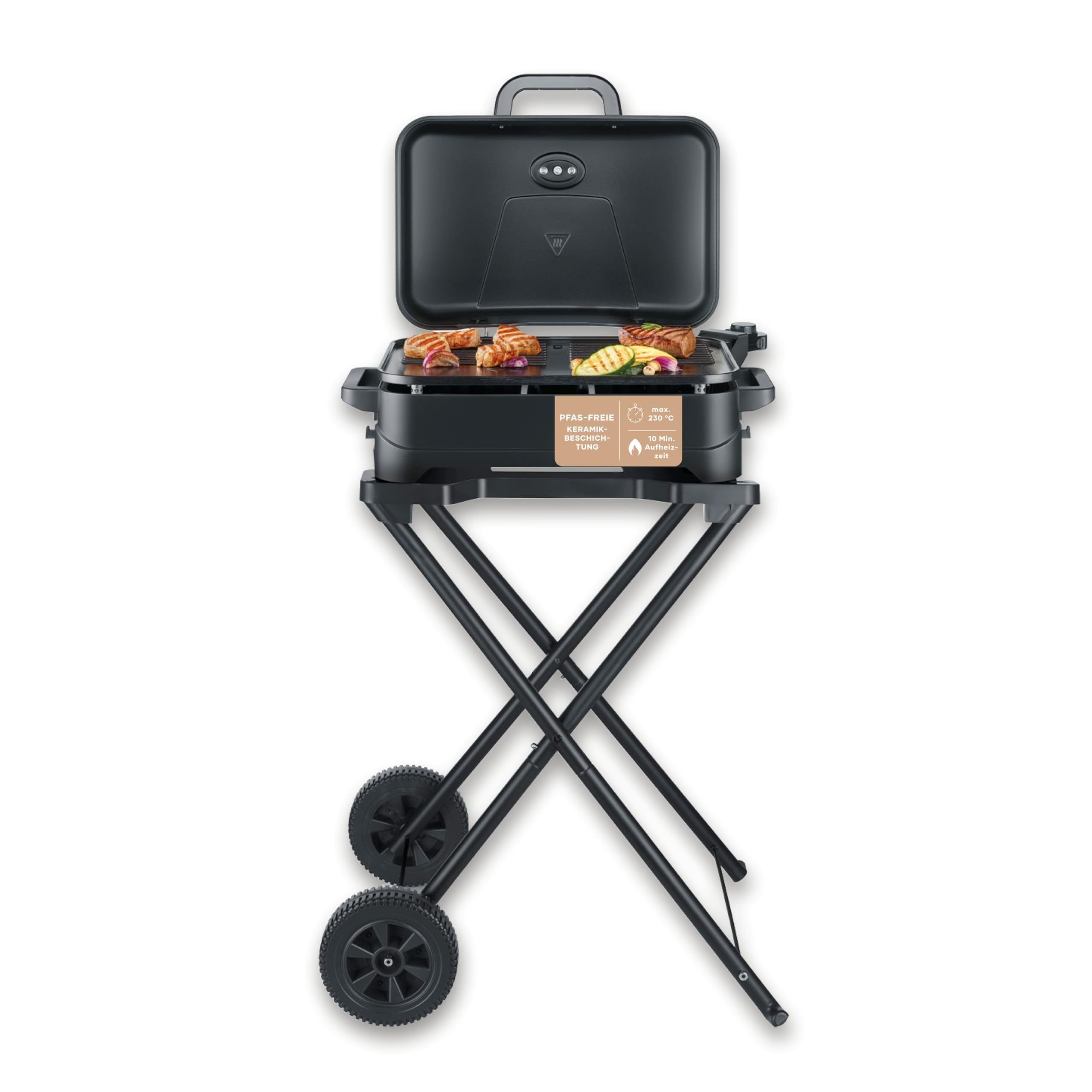 Severin Stand- und Tischgrill, Elektro-Grill für Balkon, 2300W, 10 Min. Aufheizzeit, Keramik-Beschichtung, max. 230°C, mit Deckel, Standgestell, Thermometer, 45x30cm Grillfläche, matt-schwarz, PG 8598
