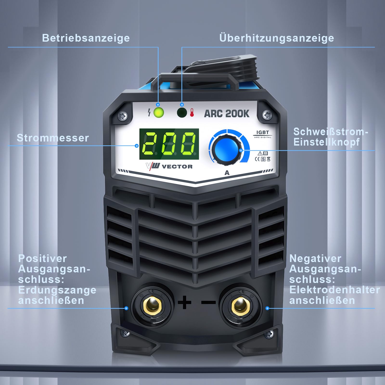 VECTOR WELDING MMA Elektrodenschweißgerät 200A Set, 10 bis 200A ARC Schweißgerät mit Hotstart-Funktion, ARC FORCE, Kompakt & leicht, MMA/STICK/E-HAND, IGBT-Technologie für Werkstatt & Industrie