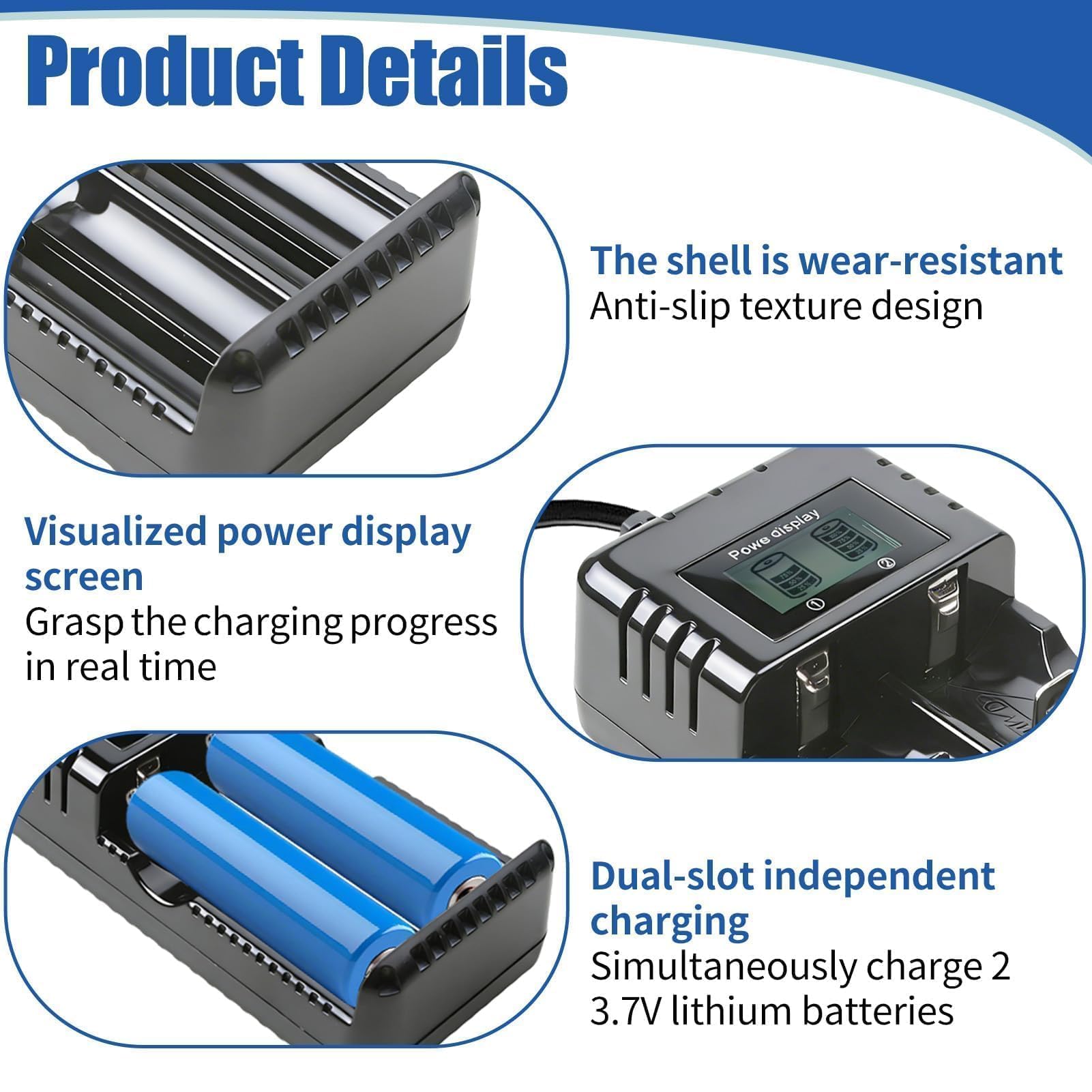 Cargador Pilas Recargables Inteligente con Pantalla LCD, Carga Rapida y Segura para Bateria 18650 26650 14500 16340, Cargador de Pilas Universal Independiente de 2 Ranuras para Li-Ion 3.7V Ni-MH — view 3