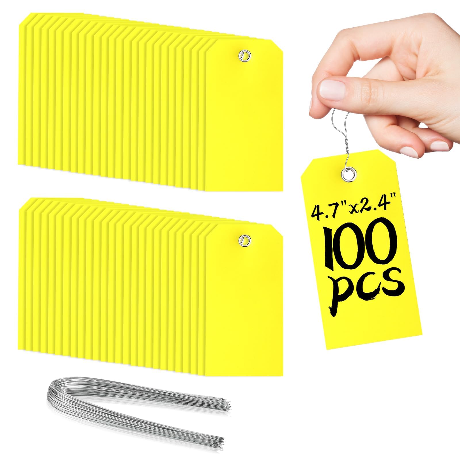 Pack of 100 Yellow Plastic Shipping Tags,with Wire Ties Plastic Hang Tags Durable, Waterproof, Blank, Writeable, Multi-Purpose Labels