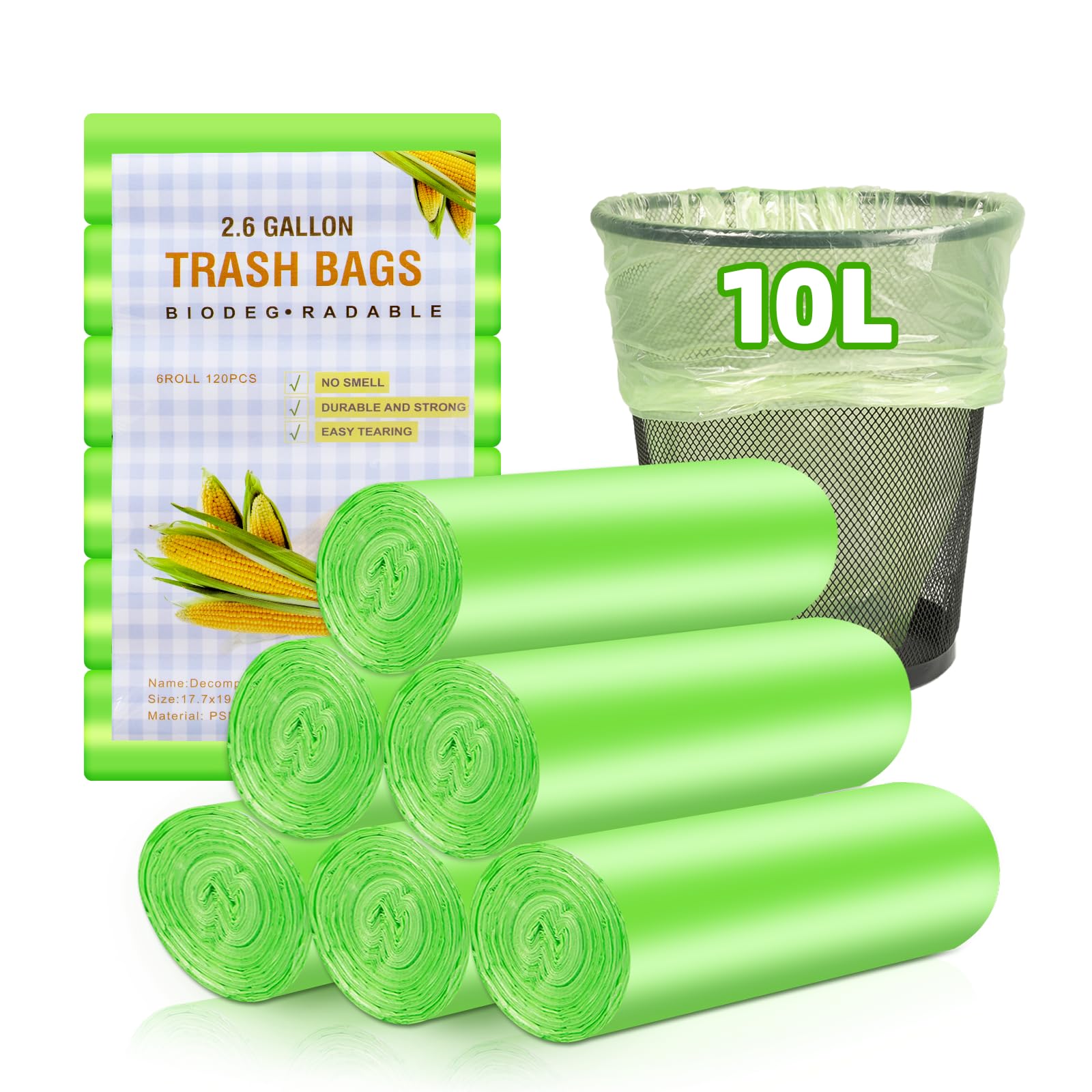 Bolsas de basura orgánicas de 10 l, 120 unidades, bolsas de basura orgánicas para cocina, resistentes al desgarro y al agua, bolsas biodegradables para cocina, oficina, salón (W45 x 50 cm, verde)