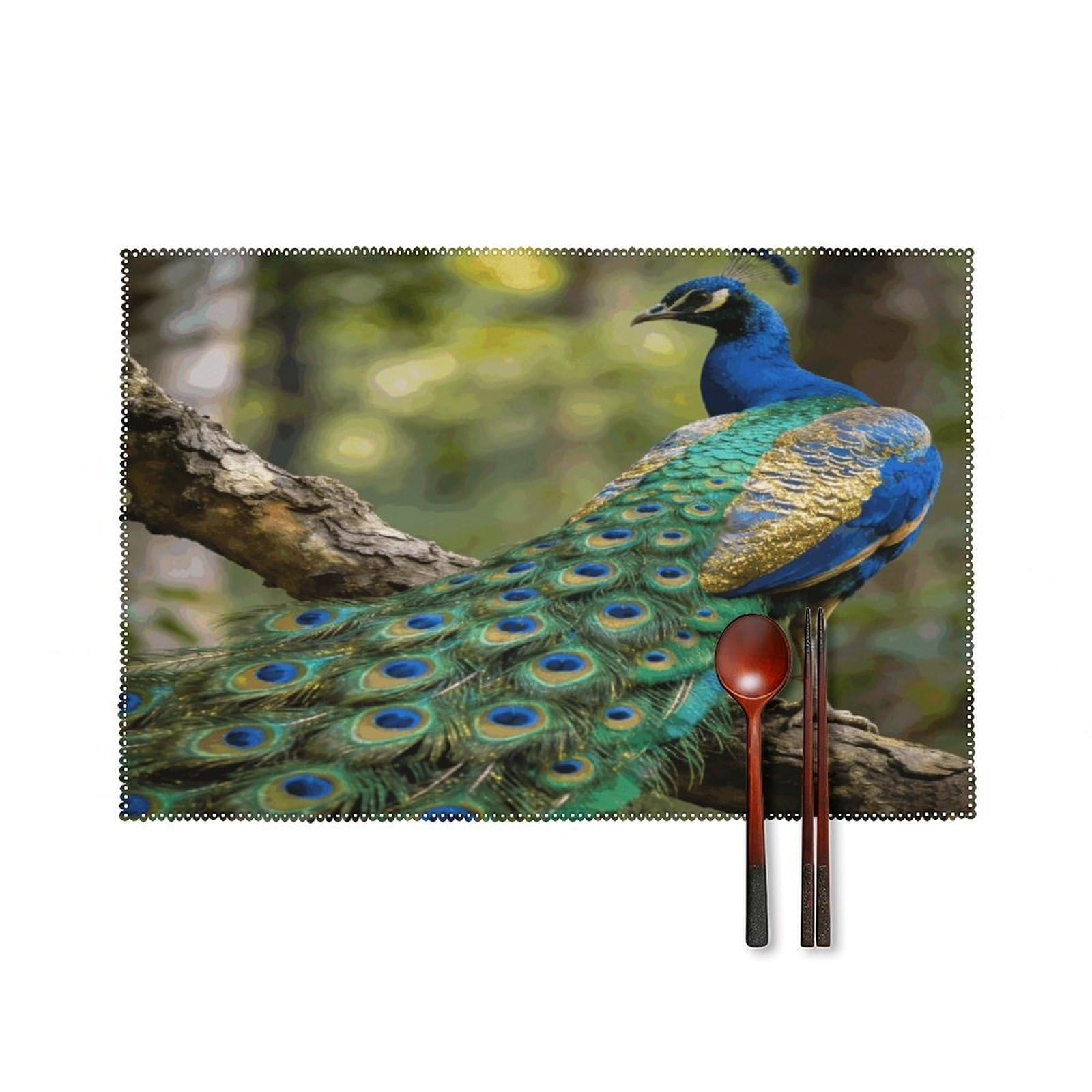 Khauerbc Style Colorful Peacock On A Tree Branch Placemats Set Of 6,Decorating The Dining Table，Canvas Washable Table Mats，Wipe Clean Anti Slip Dining Table Place Mats For Party Kitchen Dining Decoration