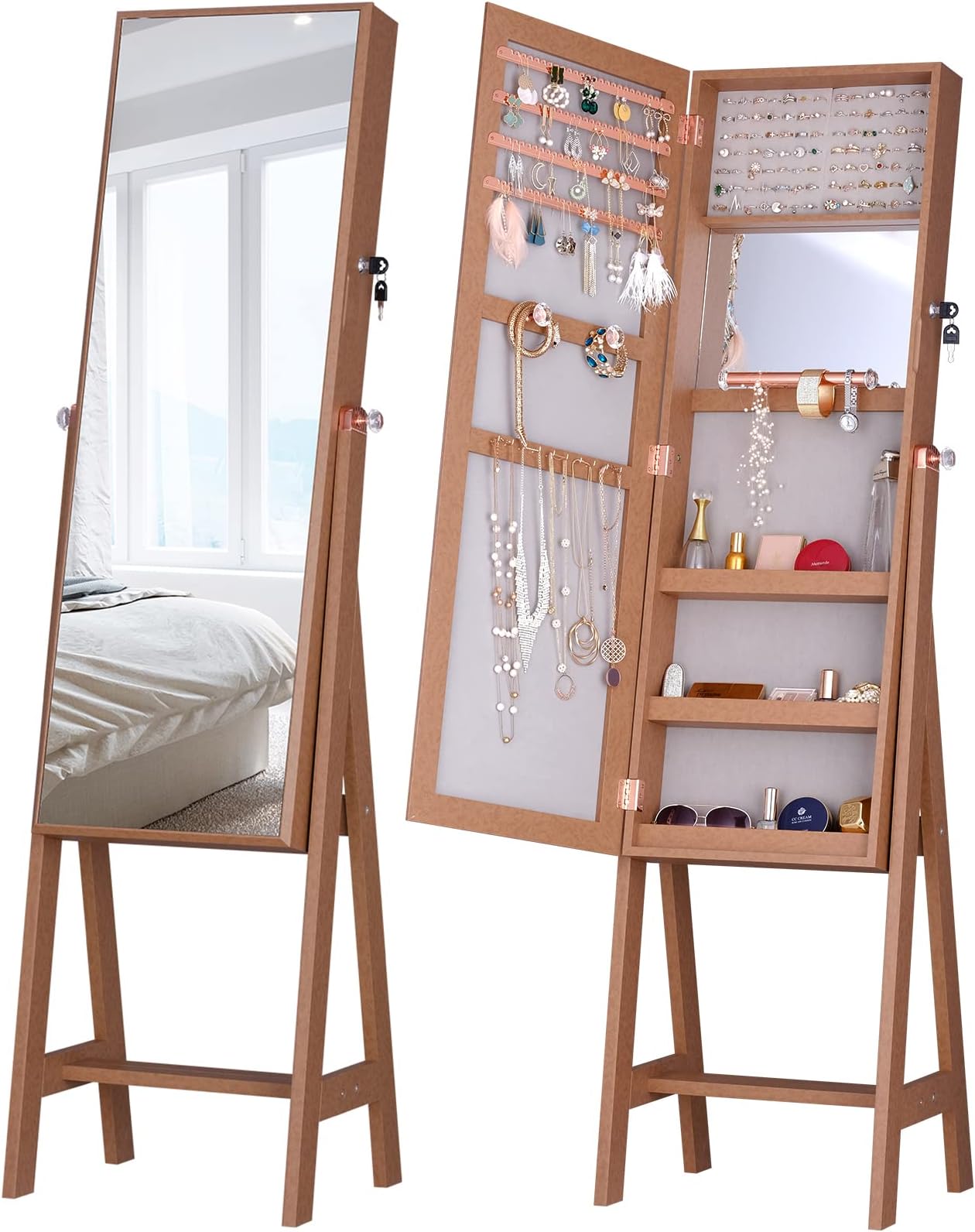 LUXFURNI Mirror Jewelry Cabinet Armoire with 3-Way Mount, Standing, Wall or Door Mounted, Jewelry Organizer with Full-Length Mirror, Lockable, Large Storage, Orange