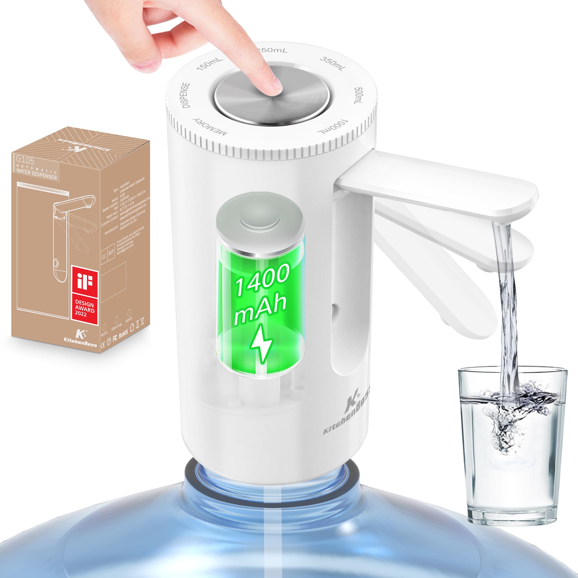 KitchenBoss Dispensador de Agua：1-5 Galones Dispensador Agua Garrafa | 1400 mAh, Bomba Agua Garrafa Portable, Dosificador de Agua Apto para el Hogar y para Acampar, Recargable USB, Blanco