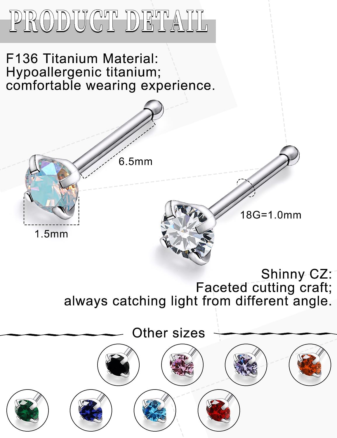 18G 20G 22G Astm F136 Titanium Nose Rings Studs Piercing Jewelry for Women Men Cubic Zirconia Nose Rings Nostril Piercing Jewelry Clear CZ 1.5mm 2mm 2.5mm 3mm 10PCS - Image 3