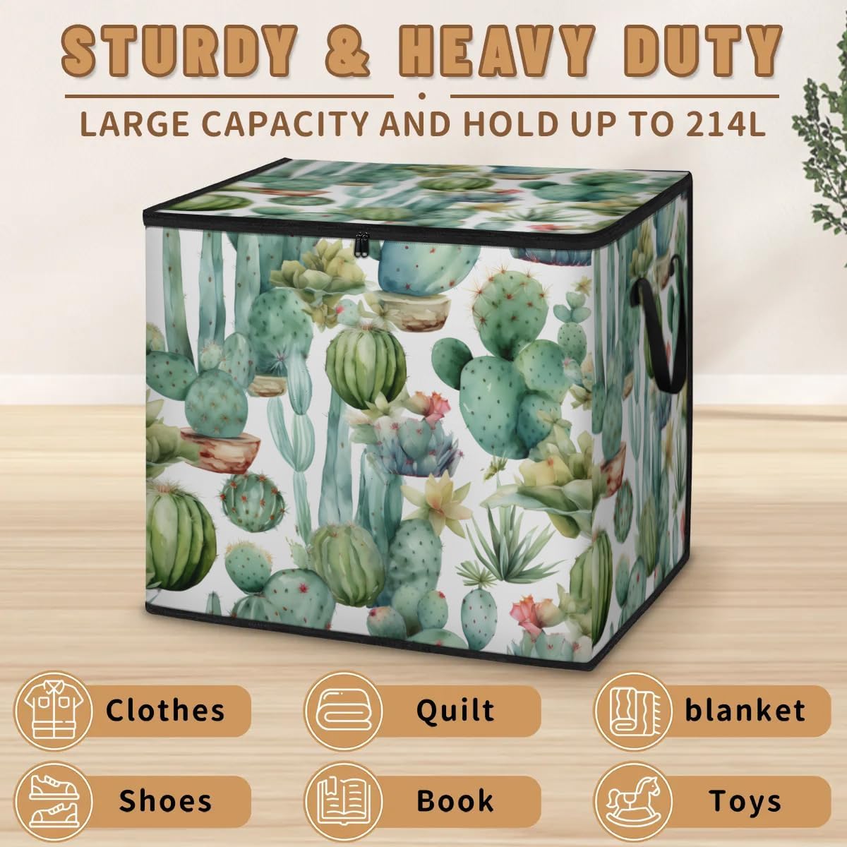 Honeybaby 214L Extra Large Comforter Storage Bag Watercolor Cactus Succulent Storage Totes with Lids Waterproof Closet Organizer Folding Blanket Storage Bags for Clothes Bedding Pillows