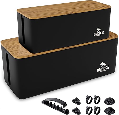 DMoose Caja organizadora de cables, paquete de 2 organizadores de cables medianos y grandes para escritorio y piso, caja organizadora de cables para