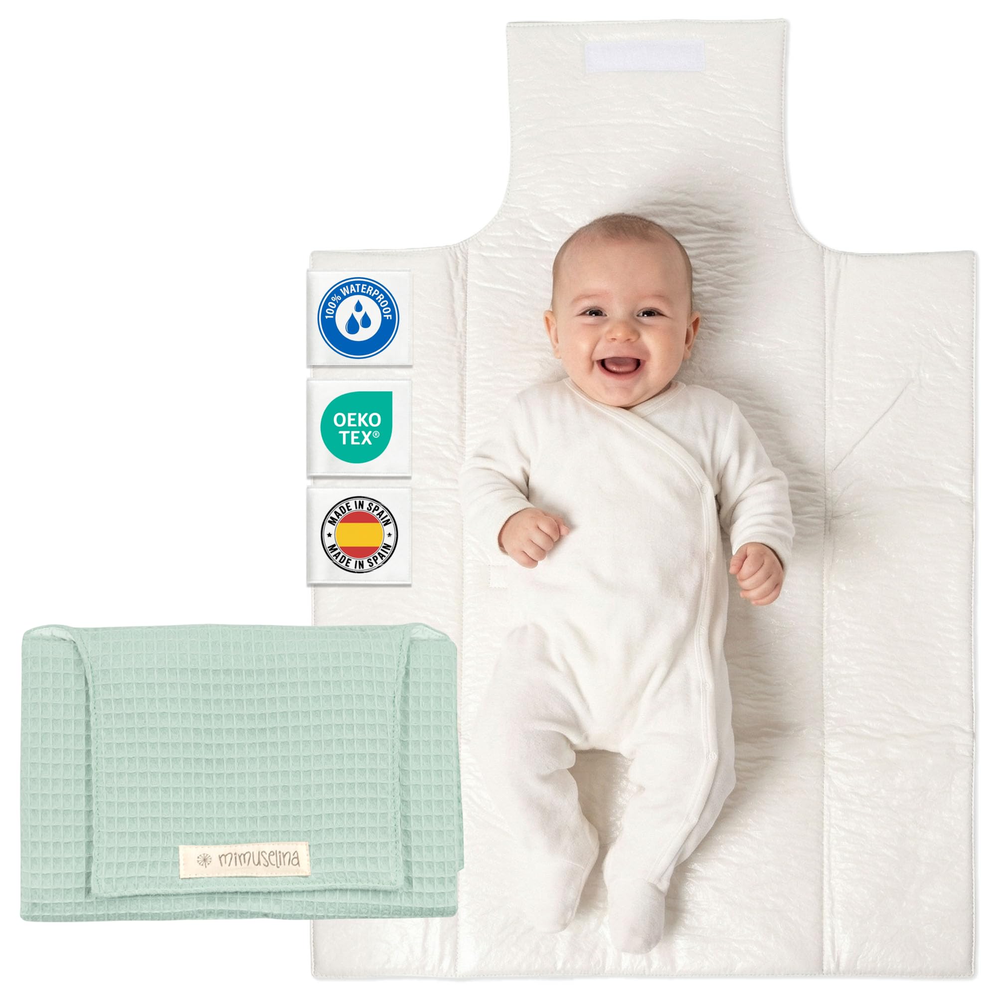 MIMUSELINA Wickelunterlage Unterwegs für Babys | Leicht und Wasserfest | Außen 100% Baumwolle, Innen Waschbar und BPA-frei | Faltbar mit praktischem Verschluss